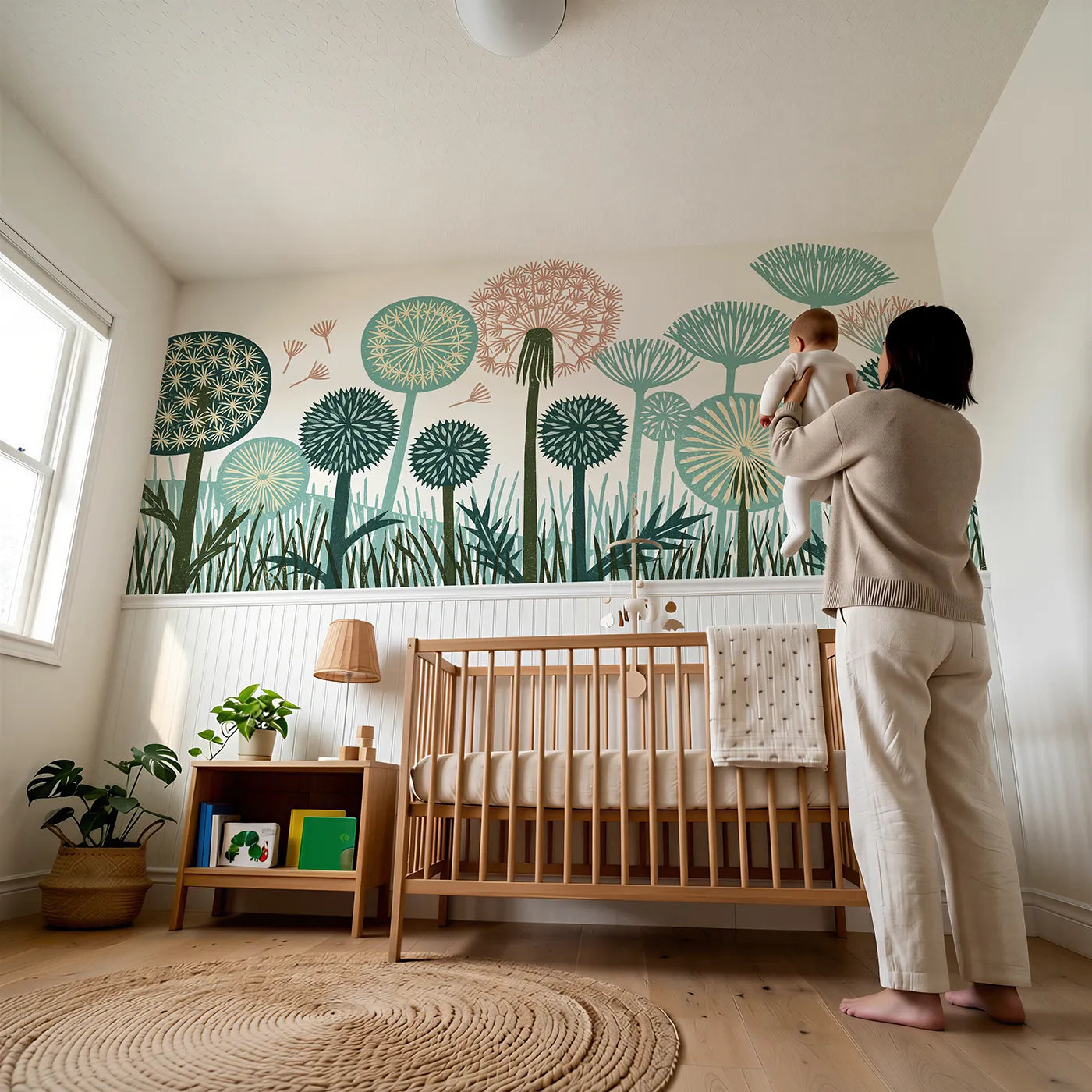Child reading near Carved Dandelion Clocks Wainscoting Wallpaper by Whimsy Tots