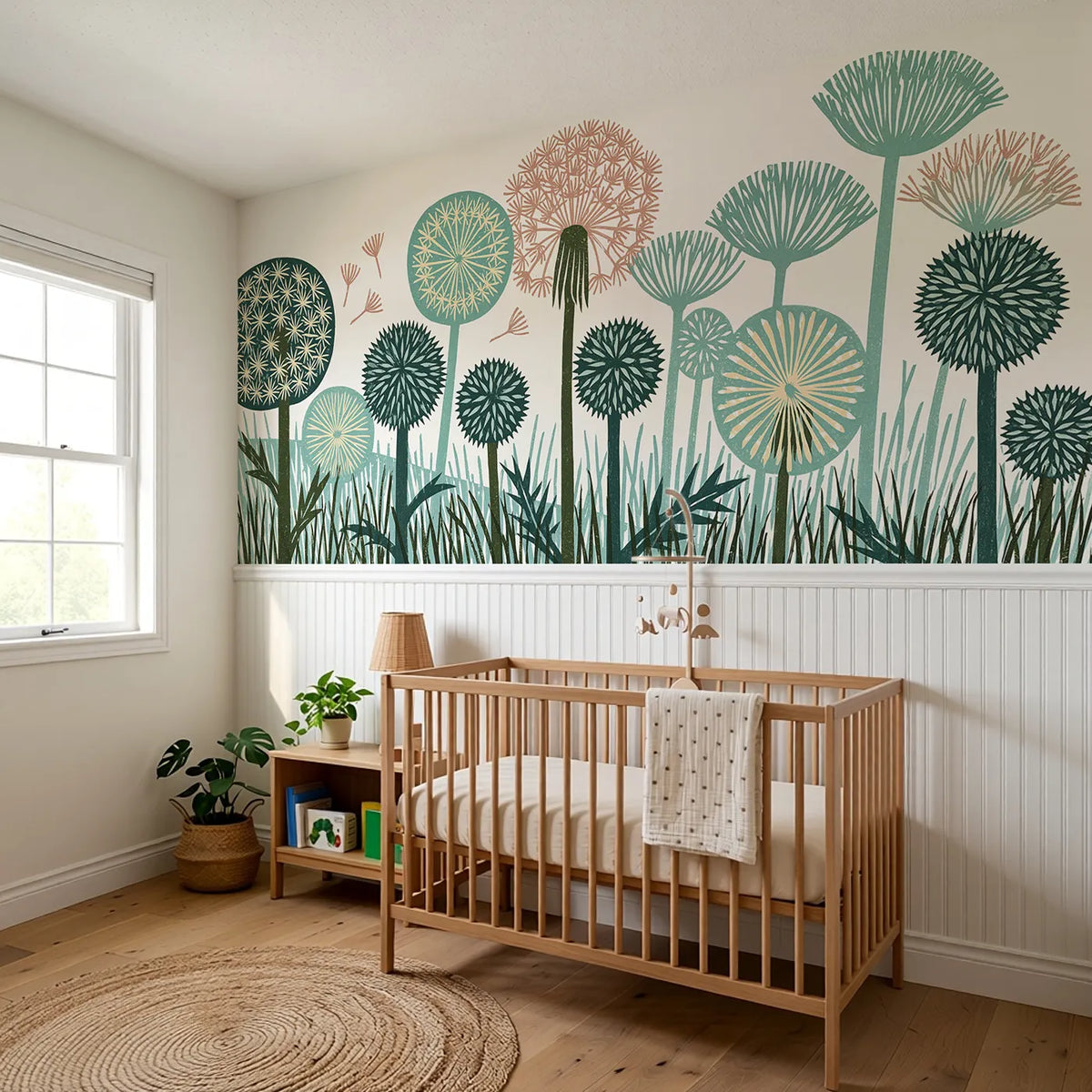 Carved Dandelion Clocks Wainscoting Wallpaper styled in a kids room by Whimsy Tots