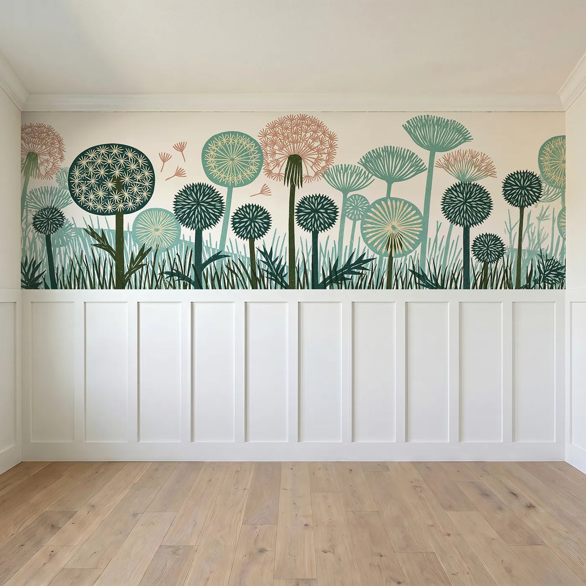 Full panel view of Carved Dandelion Clocks Wainscoting Wallpaper by Whimsy Tots