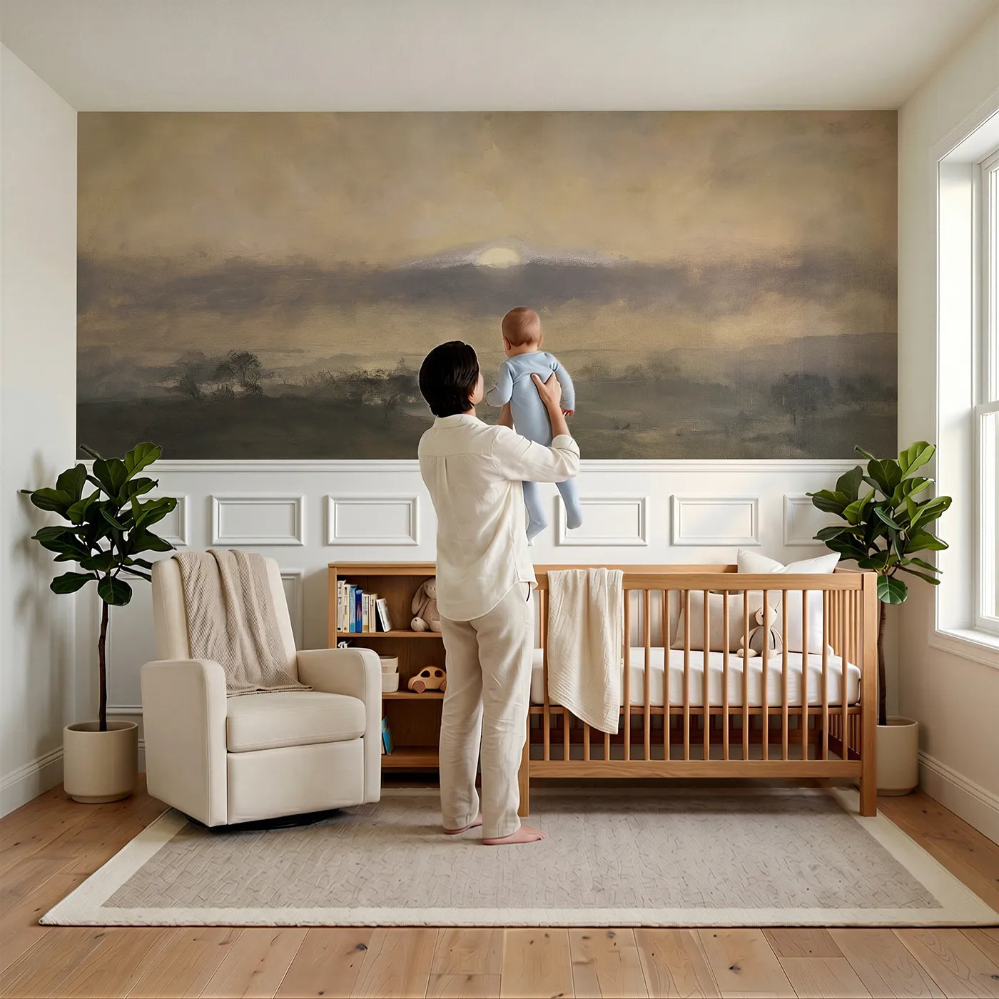 Child reading near The Silver Lining Wainscoting Wallpaper by Whimsy Tots