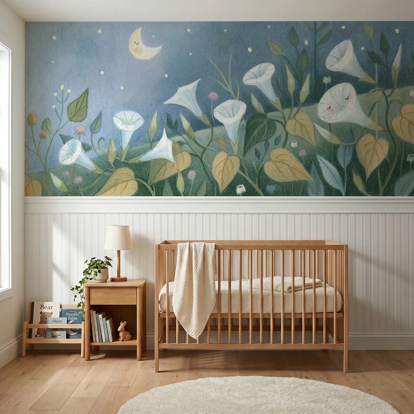Colored pencil wainscoting wallpaper of moonflowers opening at night by Whimsy Tots