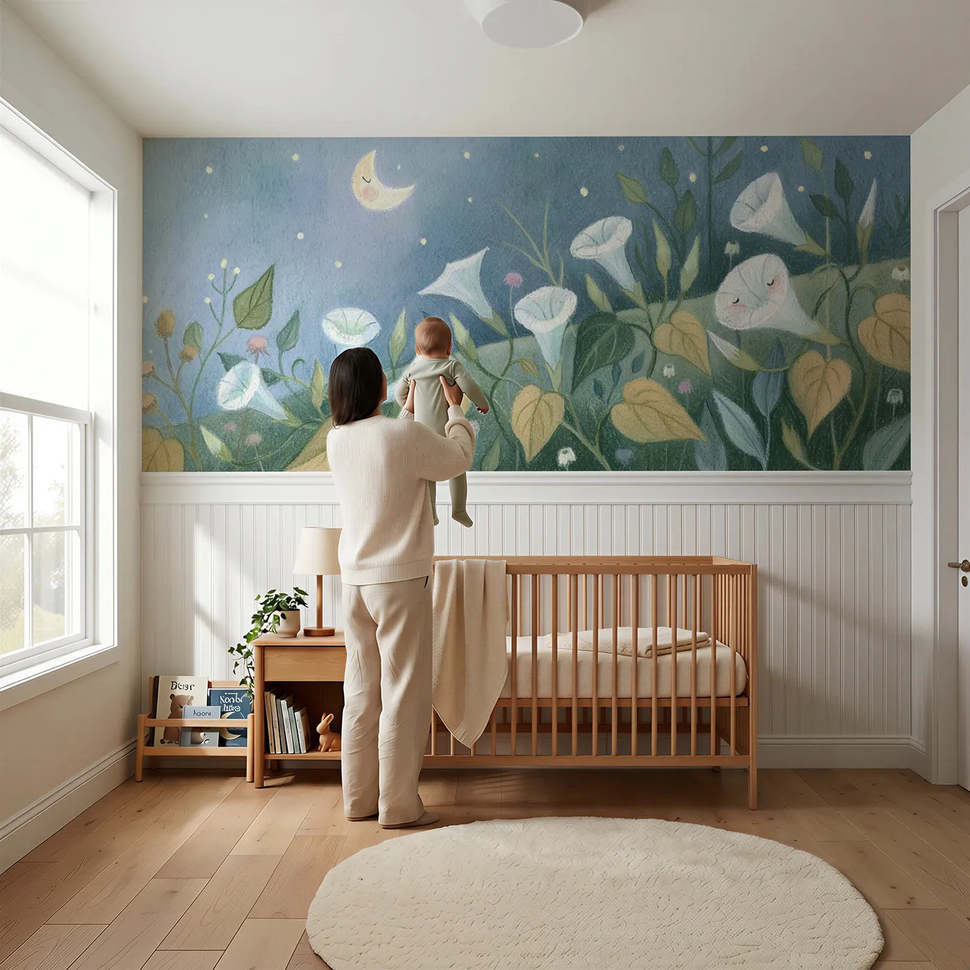 Child reading near Moonflowers Opening Wainscoting Wallpaper by Whimsy Tots