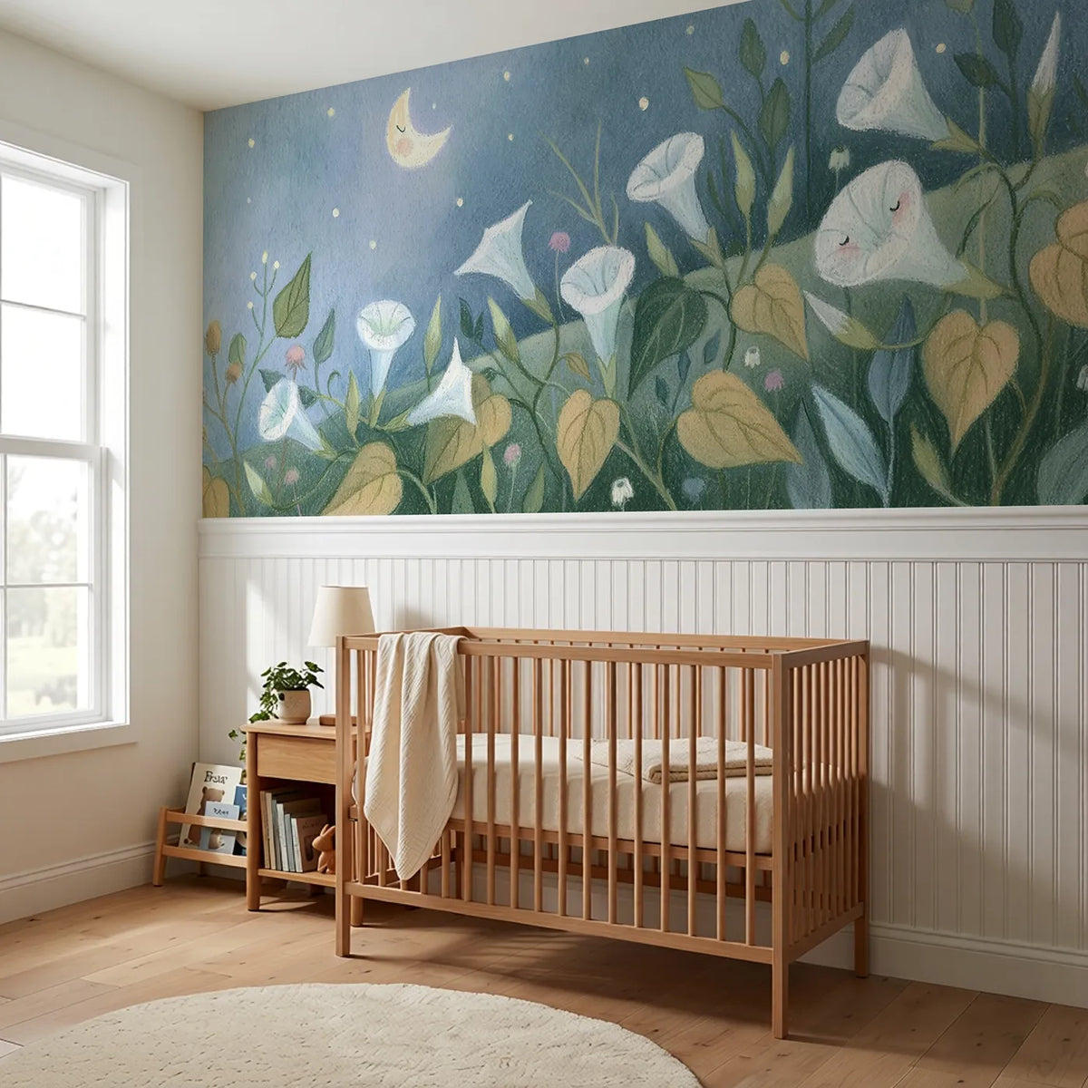 Moonflowers Opening Wainscoting Wallpaper styled in a kids room by Whimsy Tots
