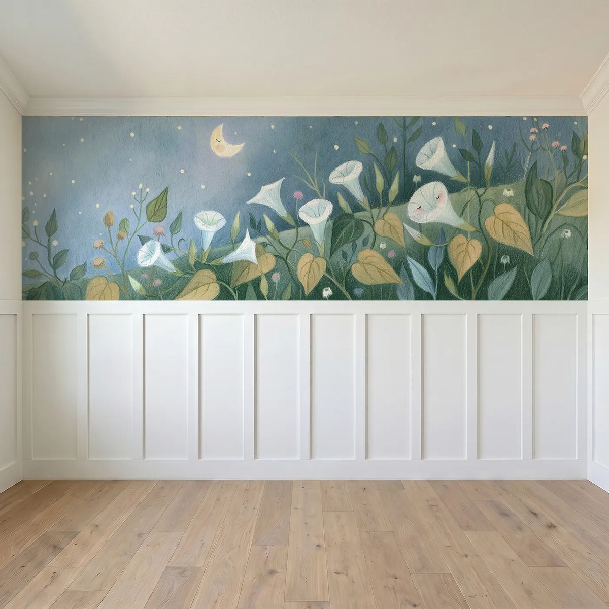 Full panel view of Moonflowers Opening Wainscoting Wallpaper by Whimsy Tots