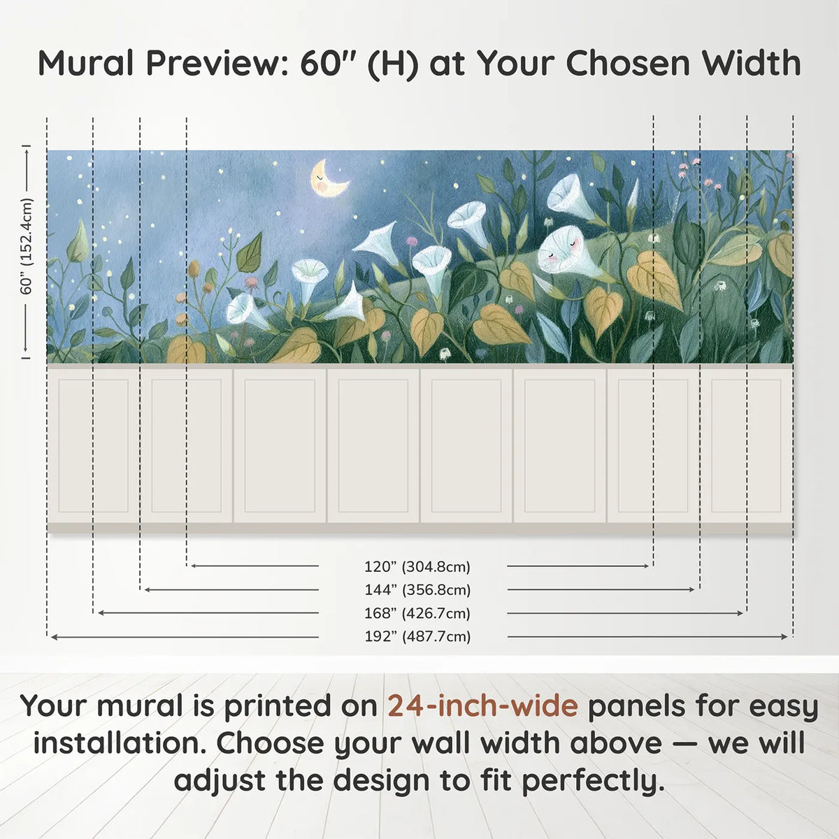 Panel dimensions for Moonflowers Opening Wainscoting Wallpaper by Whimsy Tots
