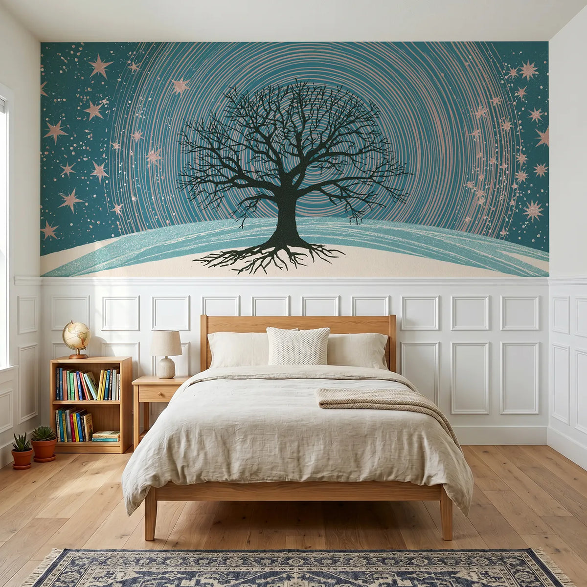 Block print wainscoting wallpaper of star circles over an oak by Whimsy Tots