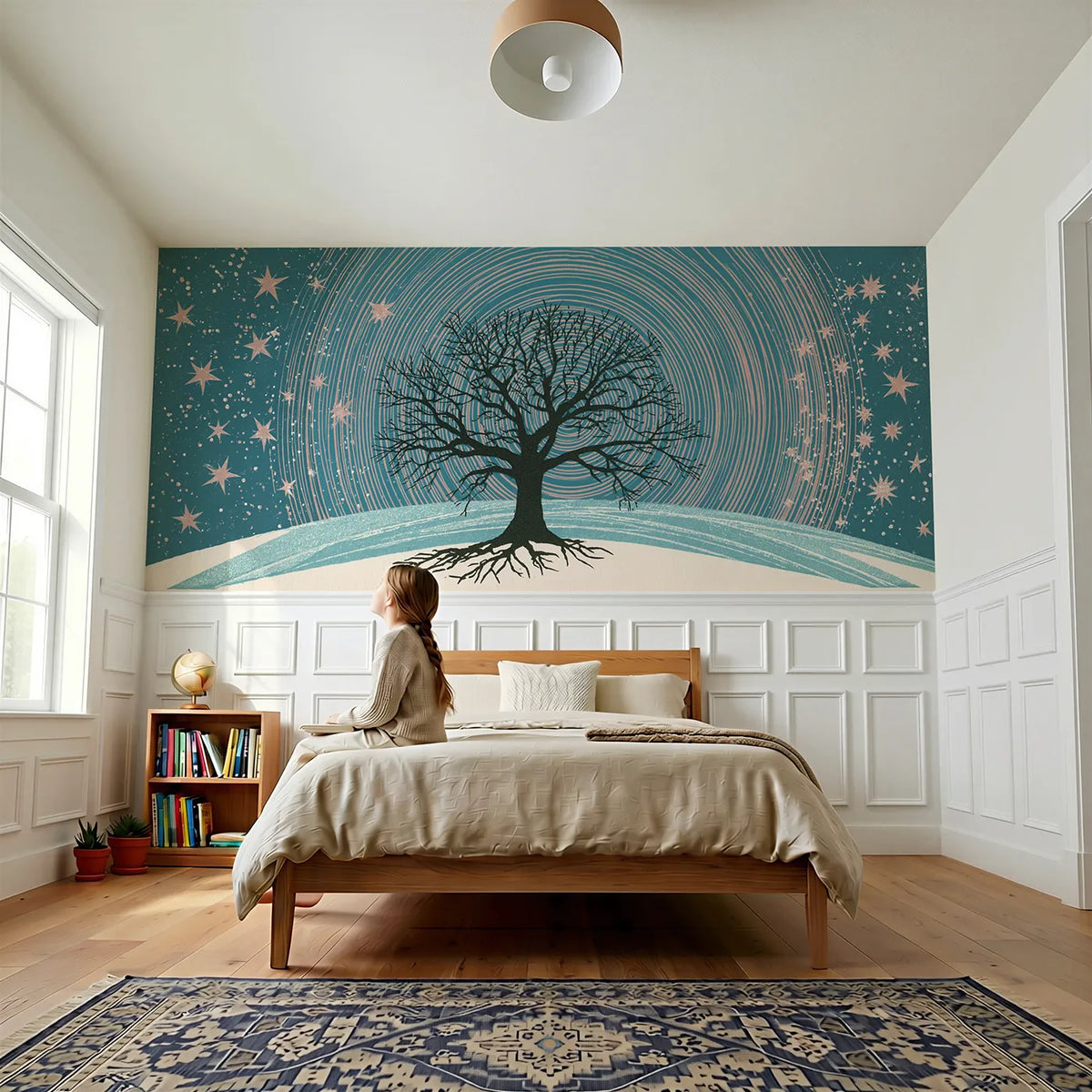 Child reading near Star Circles Over Oak Wainscoting Wallpaper by Whimsy Tots