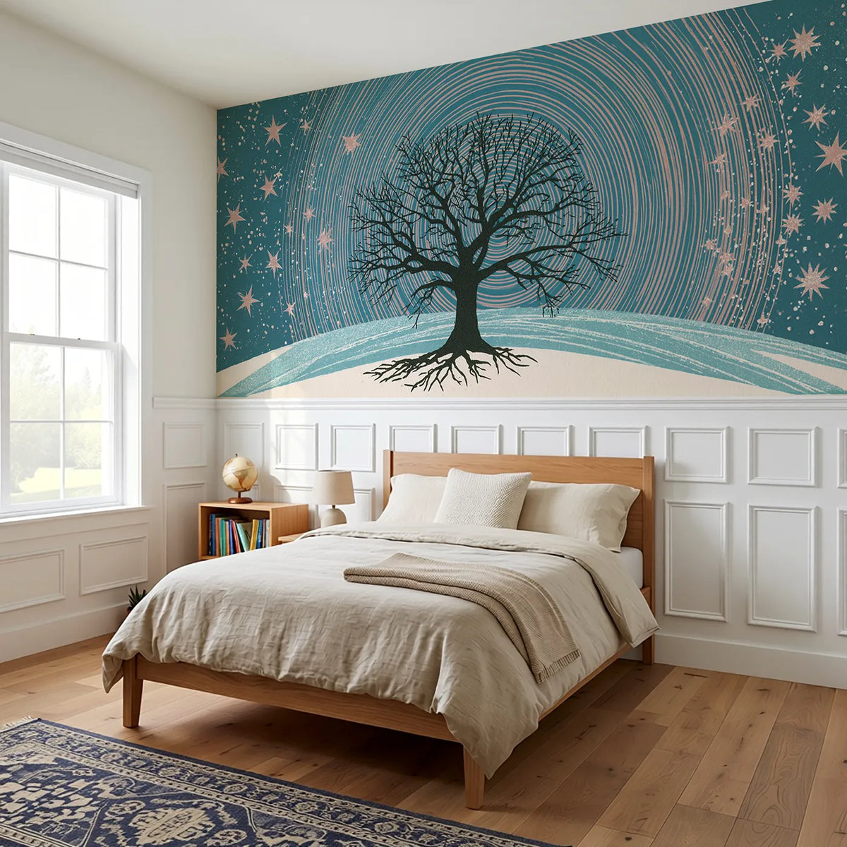 Star Circles Over Oak Wainscoting Wallpaper styled in a kids room by Whimsy Tots