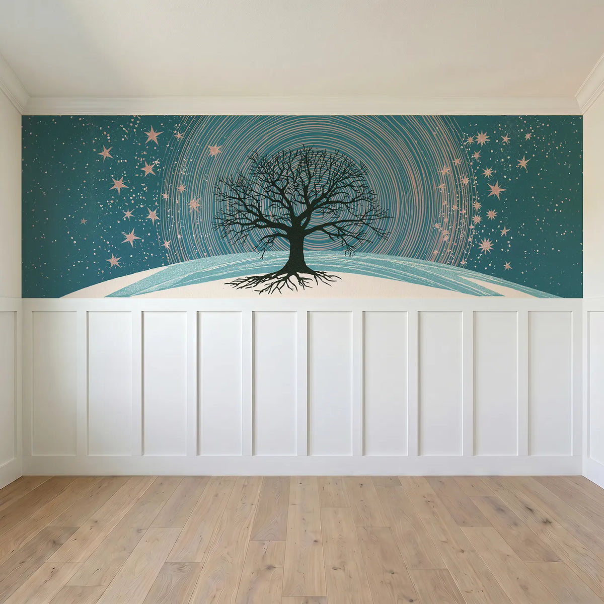 Full panel view of Star Circles Over Oak Wainscoting Wallpaper by Whimsy Tots