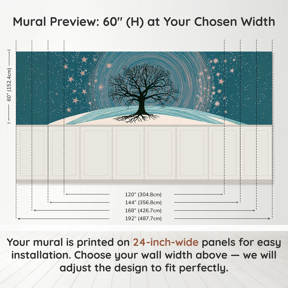 Panel dimensions for Star Circles Over Oak Wainscoting Wallpaper by Whimsy Tots
