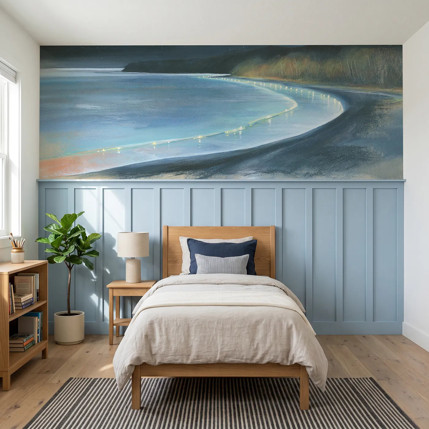 Colored pencil wainscoting wallpaper of a glowing bay at night by Whimsy Tots