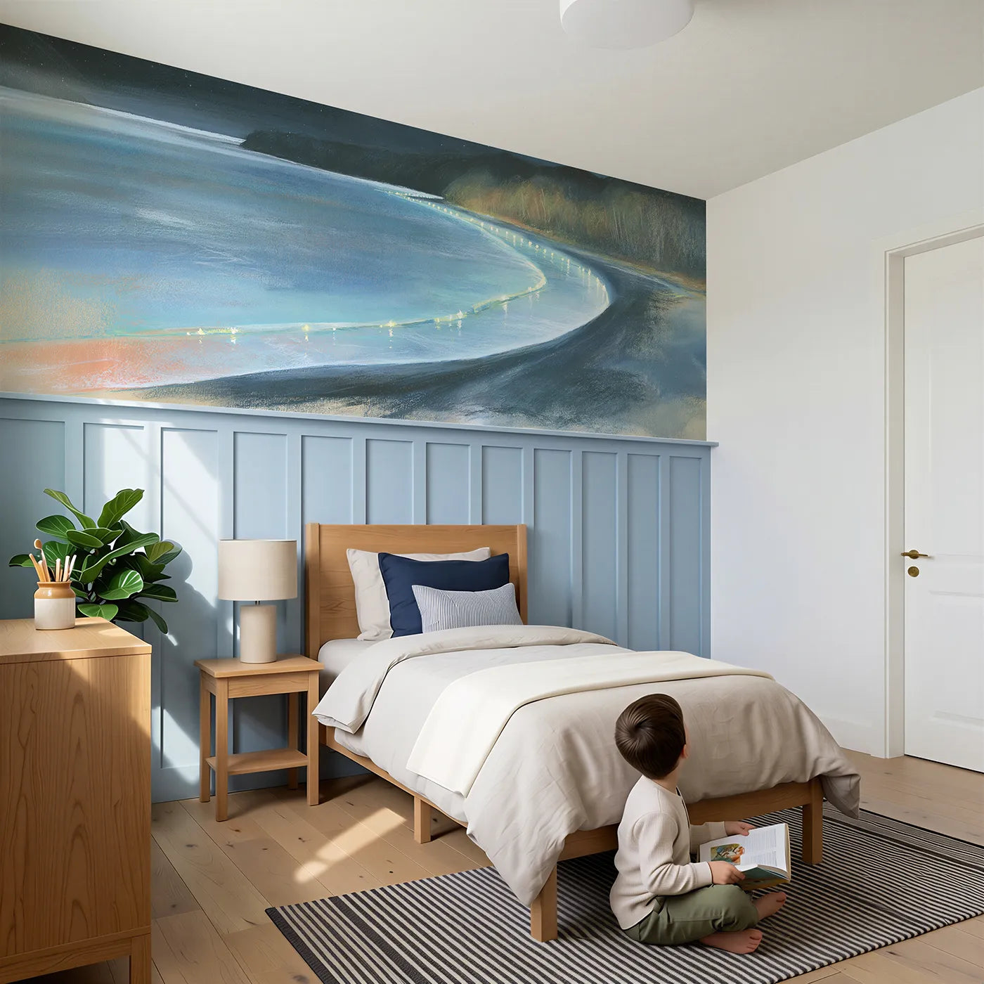 Child reading near The Glowing Bay Wainscoting Wallpaper by Whimsy Tots