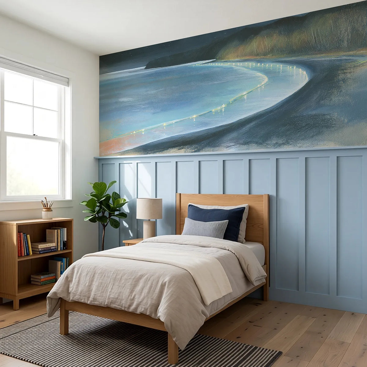 The Glowing Bay Wainscoting Wallpaper styled in a kids room by Whimsy Tots