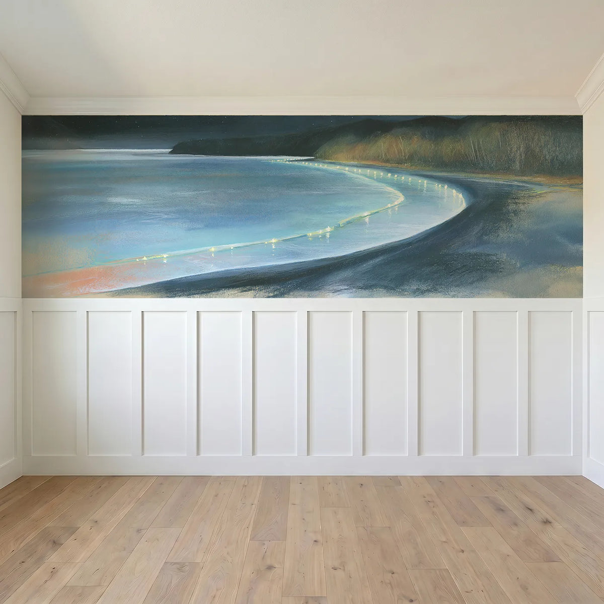 Full panel view of The Glowing Bay Wainscoting Wallpaper by Whimsy Tots