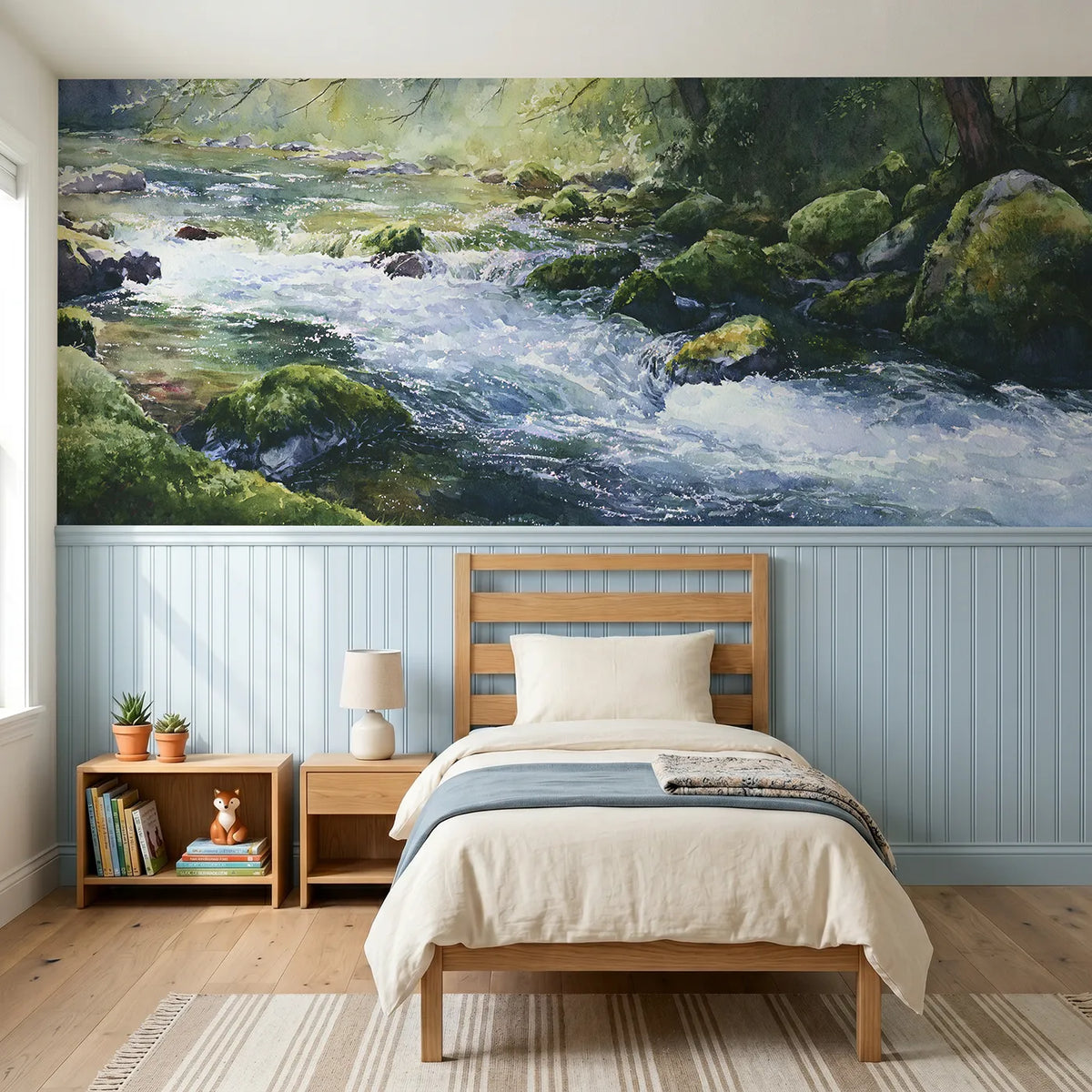 Watercolor wainscoting wallpaper of a stream full of sun glitter by Whimsy Tots