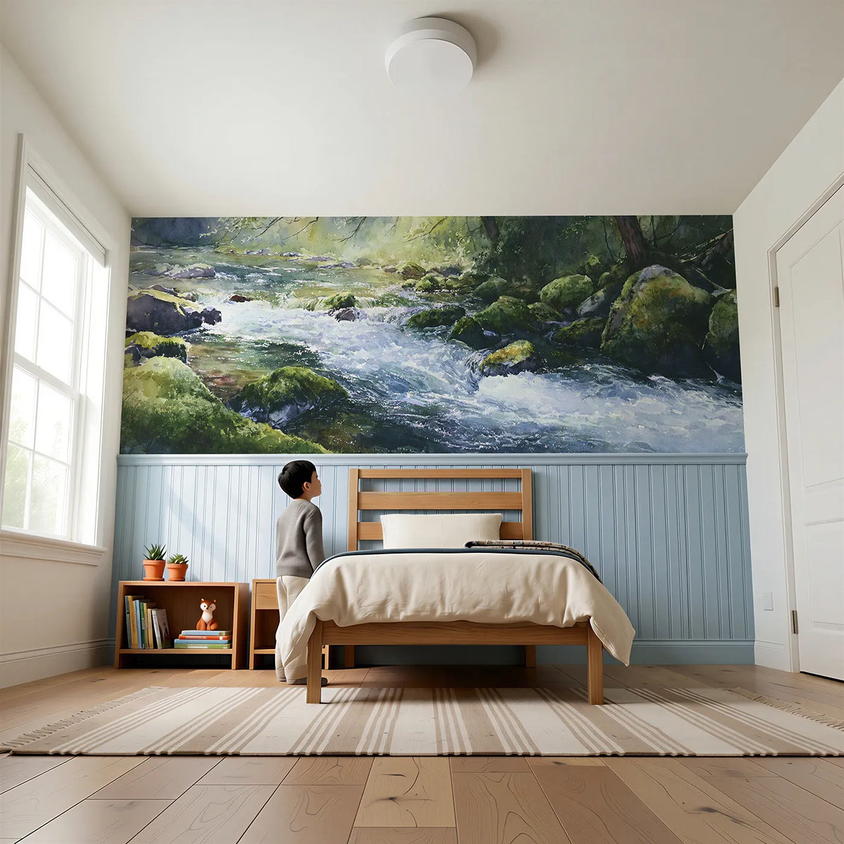 Child reading near Stream Full Of Glitter Wainscoting Wallpaper by Whimsy Tots