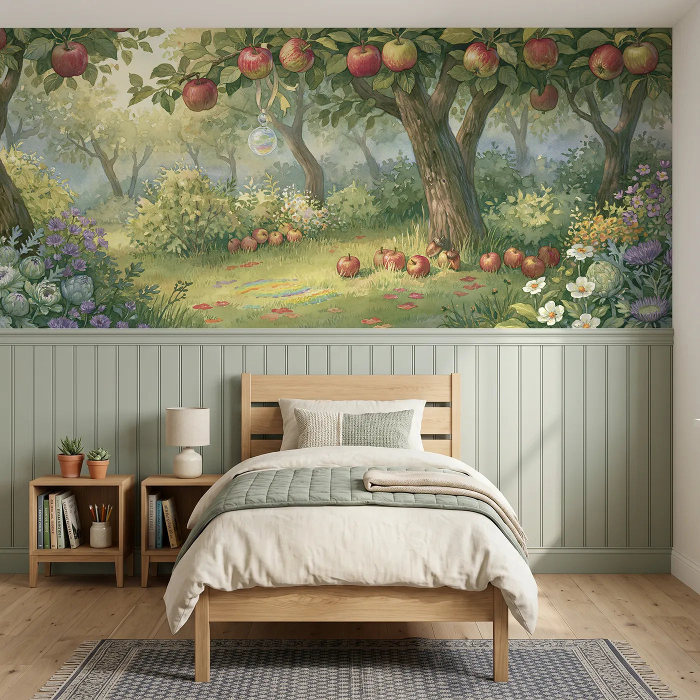 Storybook wainscoting wallpaper of a crystal in the apple tree by Whimsy Tots