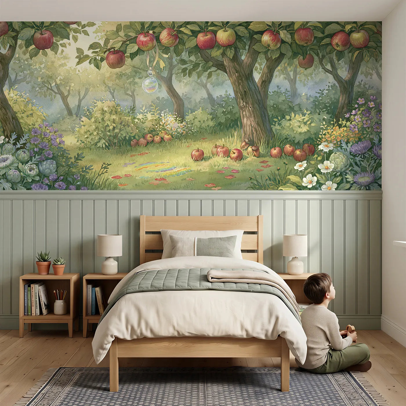 Child reading near Crystal In The Apple Tree Wainscoting Wallpaper by Whimsy Tots