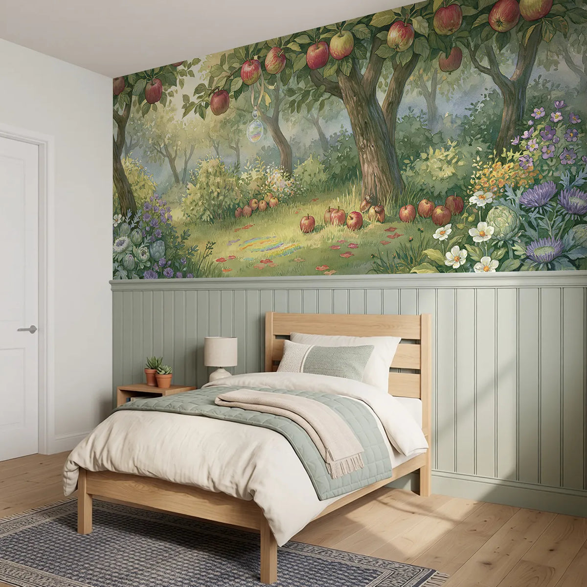 Crystal In The Apple Tree Wainscoting Wallpaper styled in a kids room by Whimsy Tots