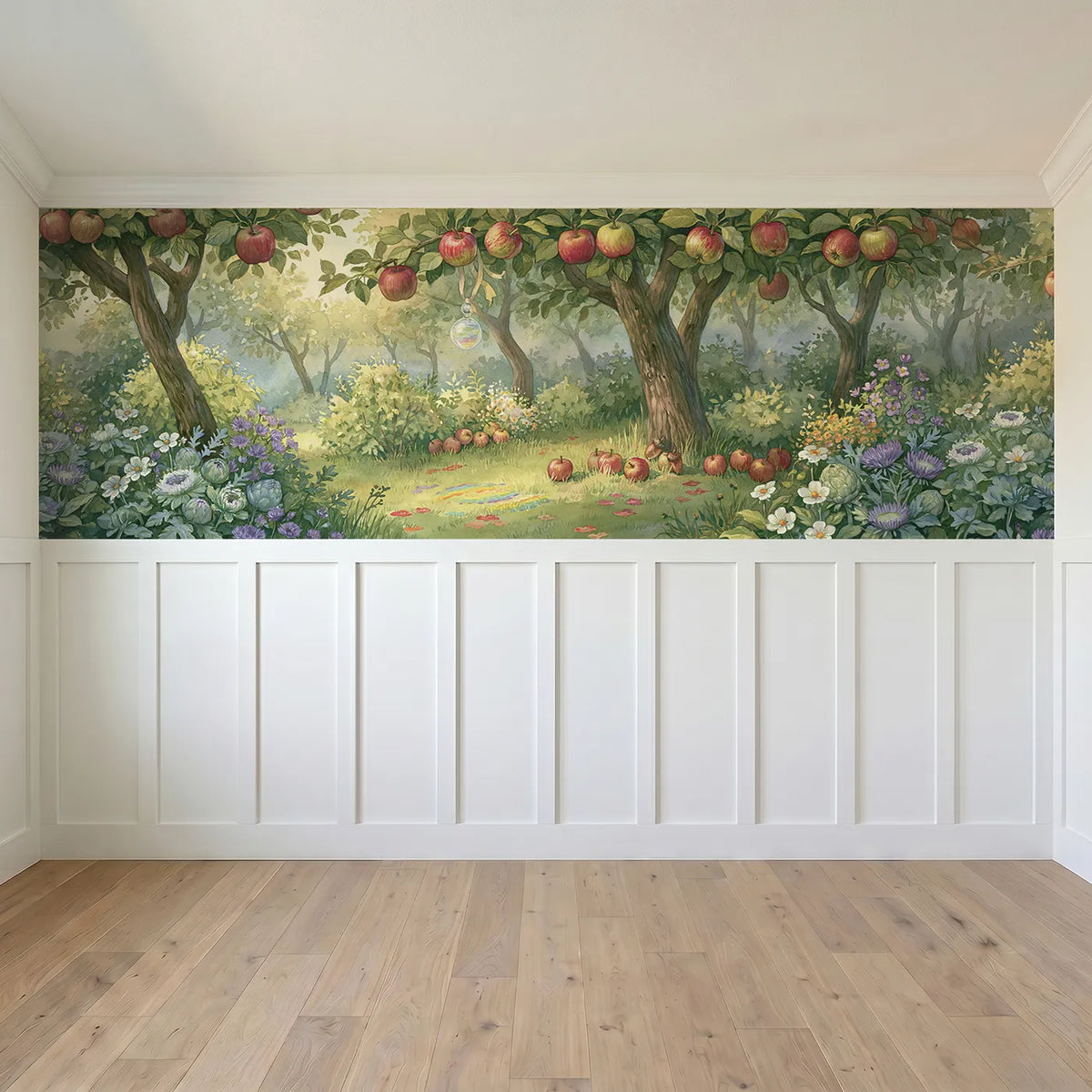 Full panel view of Crystal In The Apple Tree Wainscoting Wallpaper by Whimsy Tots
