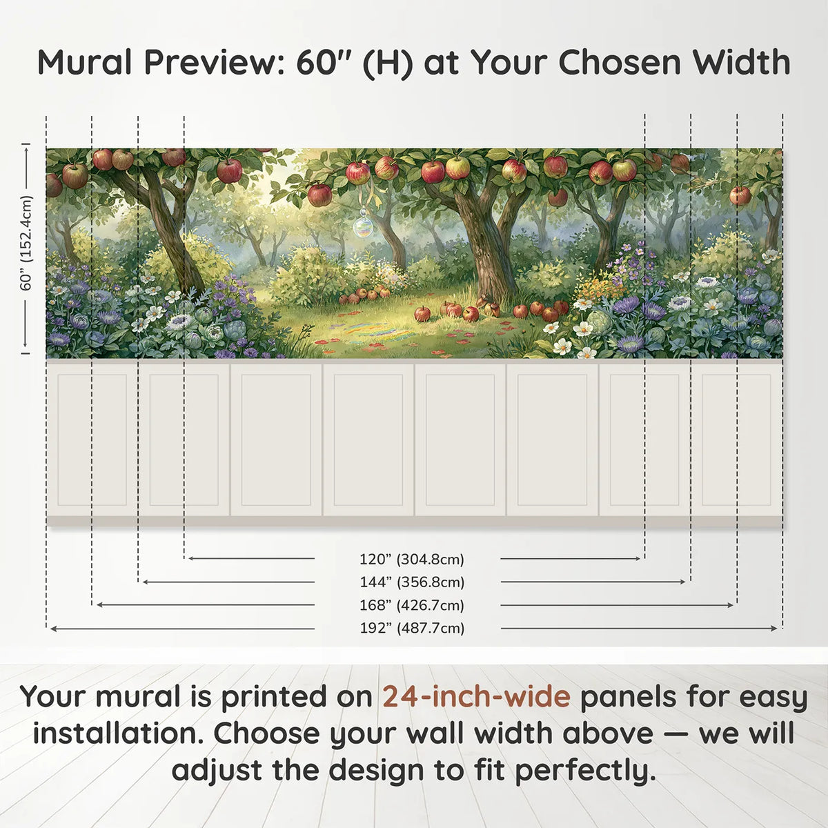 Panel dimensions for Crystal In The Apple Tree Wainscoting Wallpaper by Whimsy Tots
