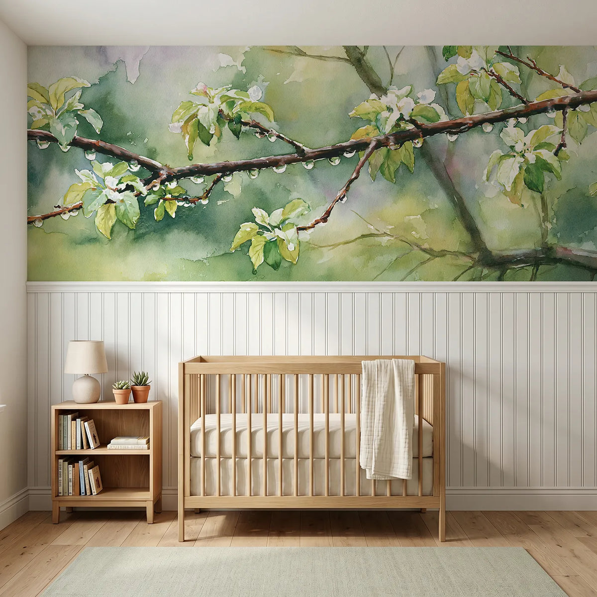 Watercolor wainscoting wallpaper of an orchard hung with drops by Whimsy Tots