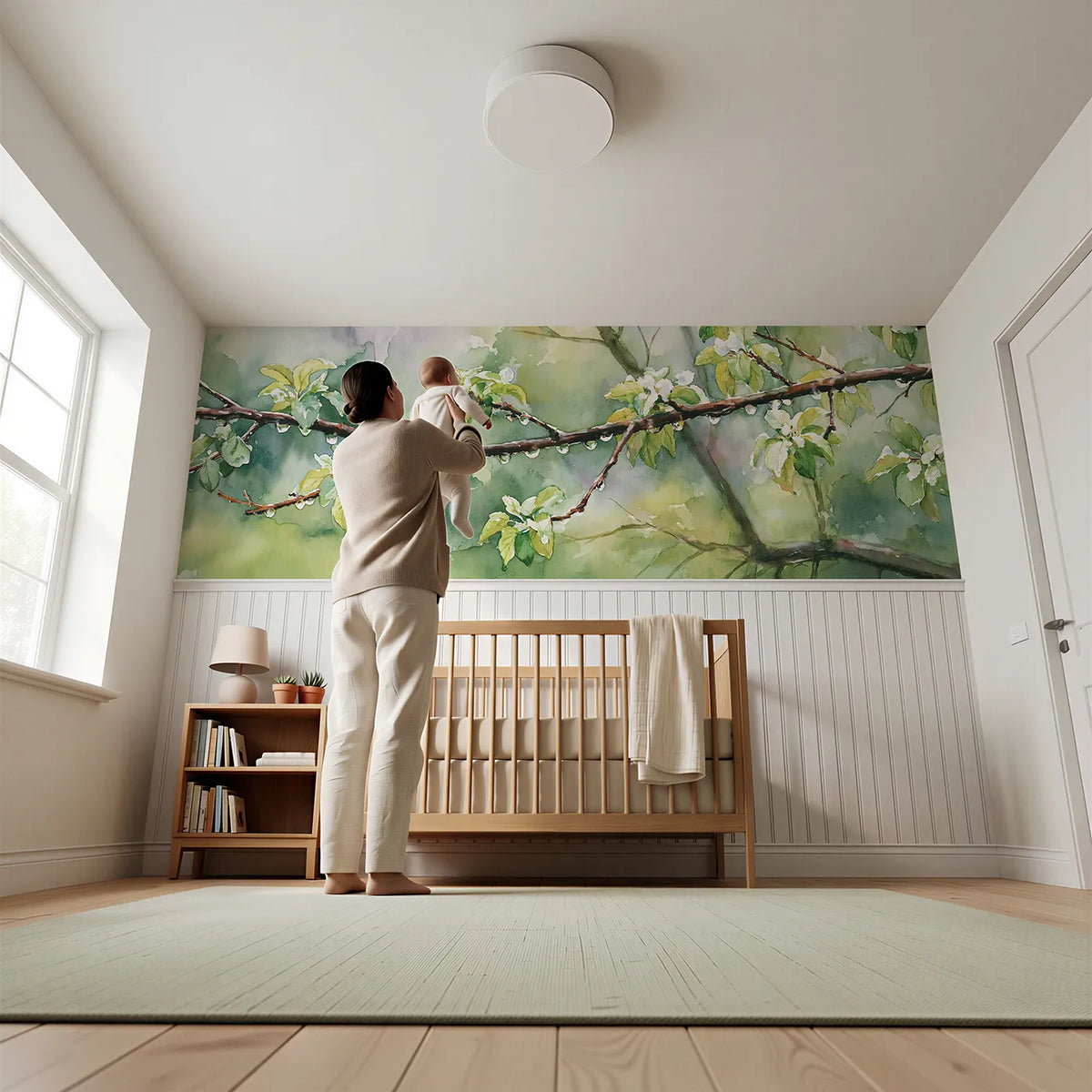 Child reading near Orchard Hung With Drops Wainscoting Wallpaper by Whimsy Tots