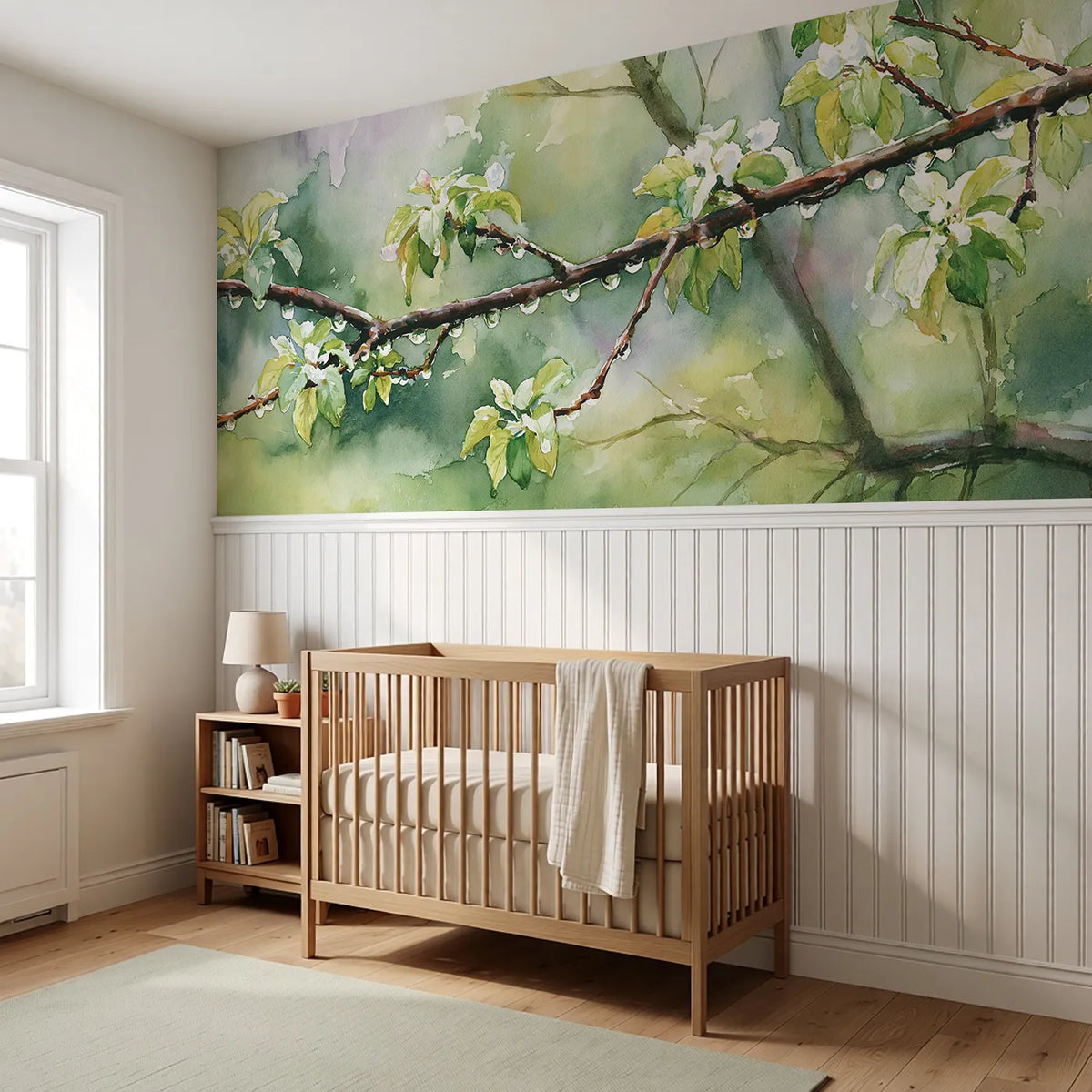 Orchard Hung With Drops Wainscoting Wallpaper styled in a kids room by Whimsy Tots