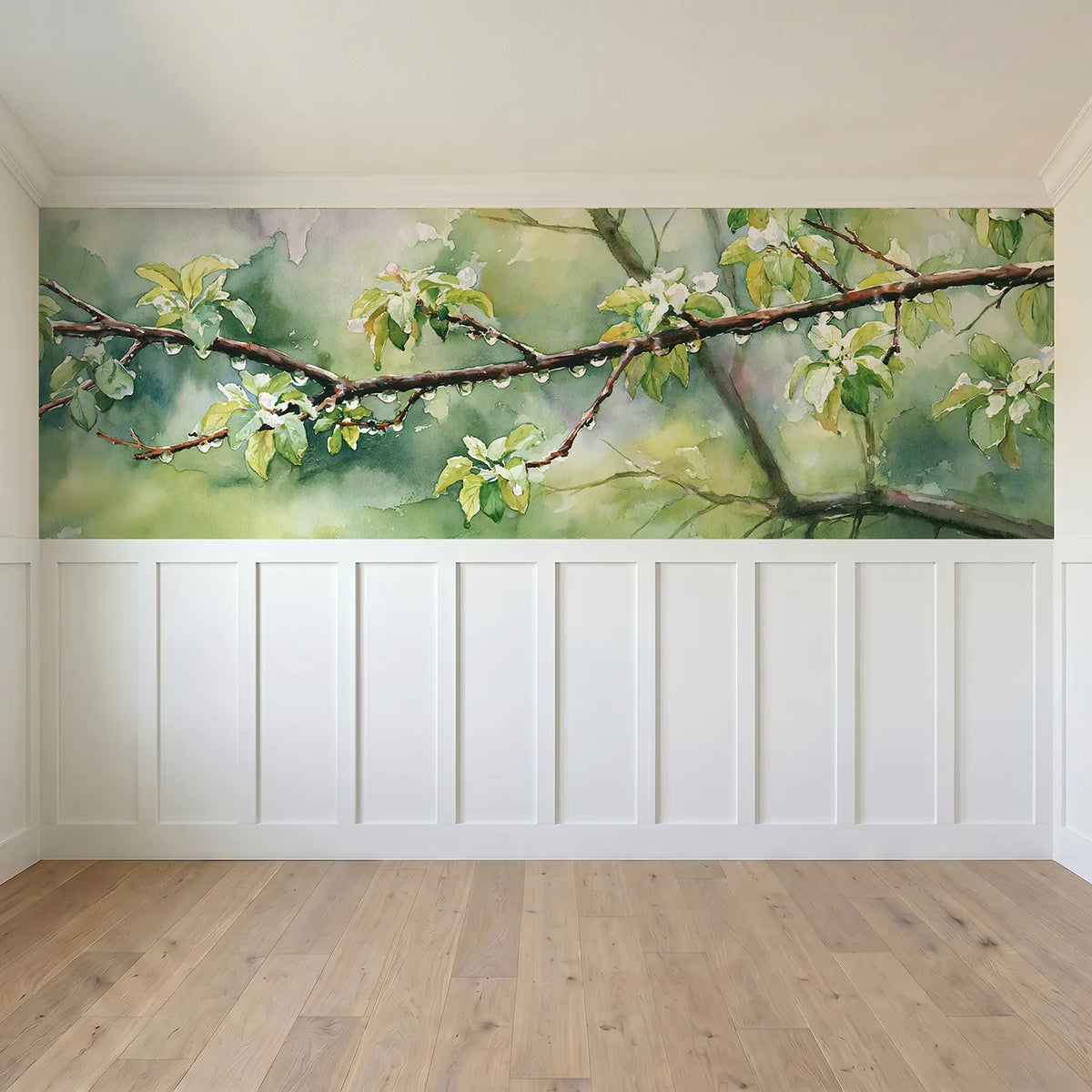 Full panel view of Orchard Hung With Drops Wainscoting Wallpaper by Whimsy Tots