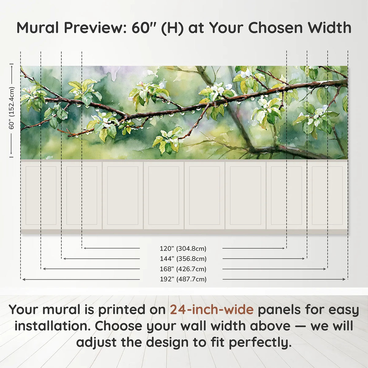 Panel dimensions for Orchard Hung With Drops Wainscoting Wallpaper by Whimsy Tots
