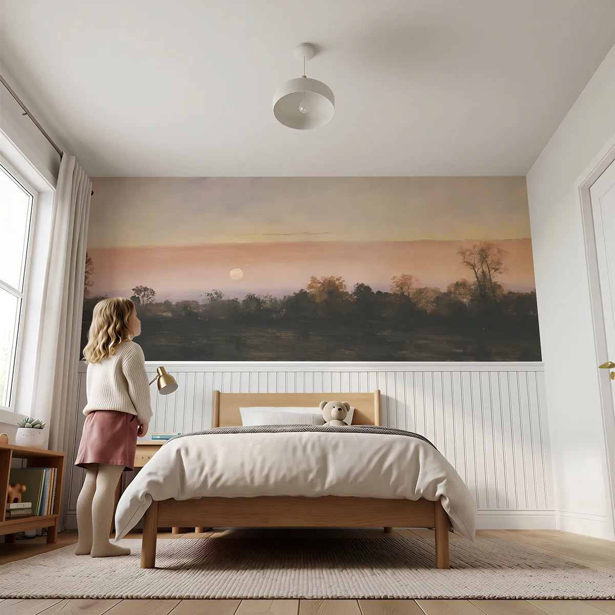 Child reading near The Belt Of Venus Wainscoting Wallpaper by Whimsy Tots