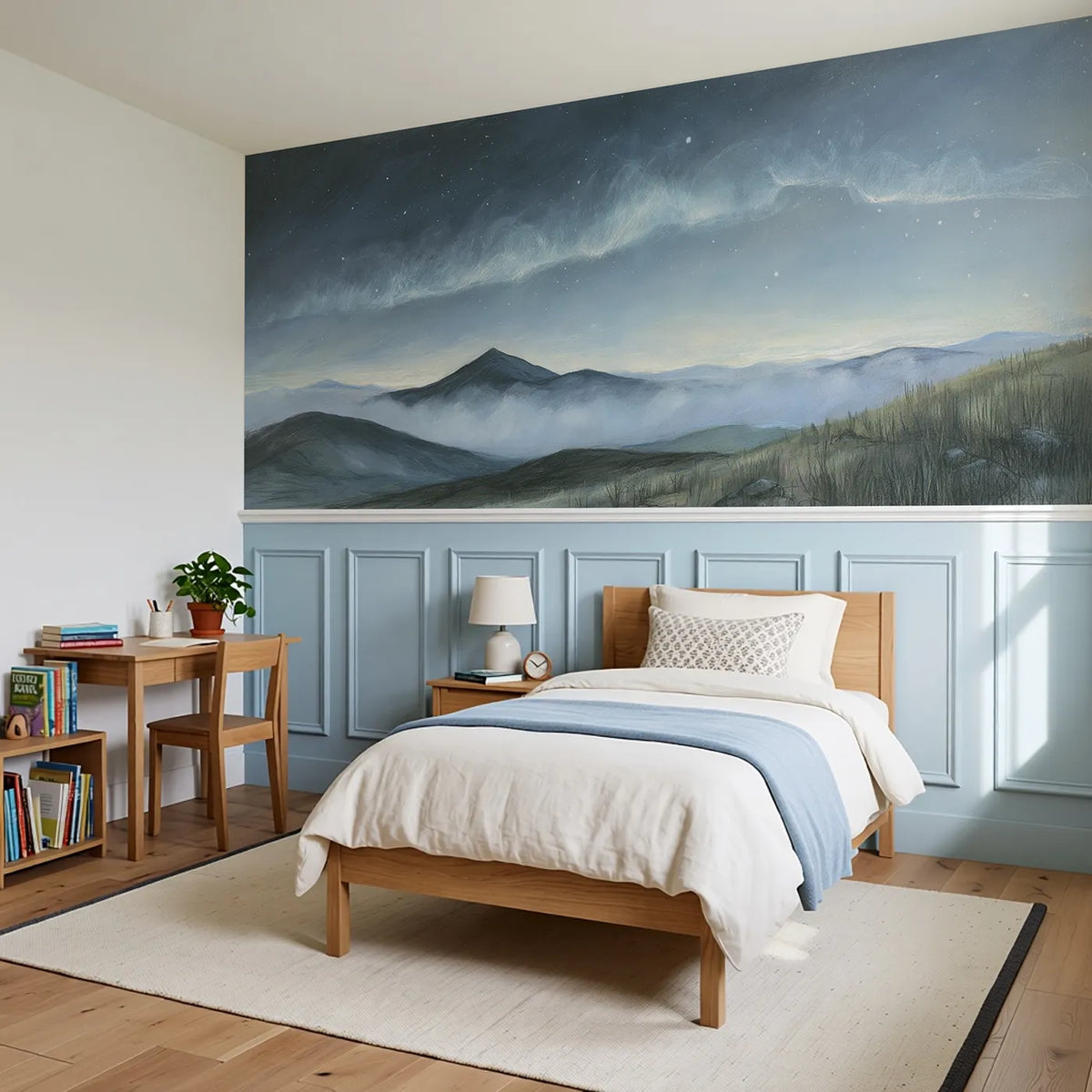 Night Shining Clouds Wainscoting Wallpaper styled in a kids room by Whimsy Tots