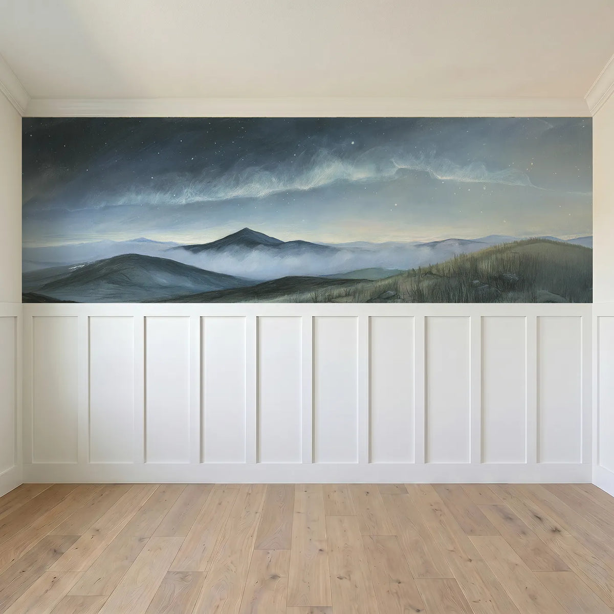 Full panel view of Night Shining Clouds Wainscoting Wallpaper by Whimsy Tots