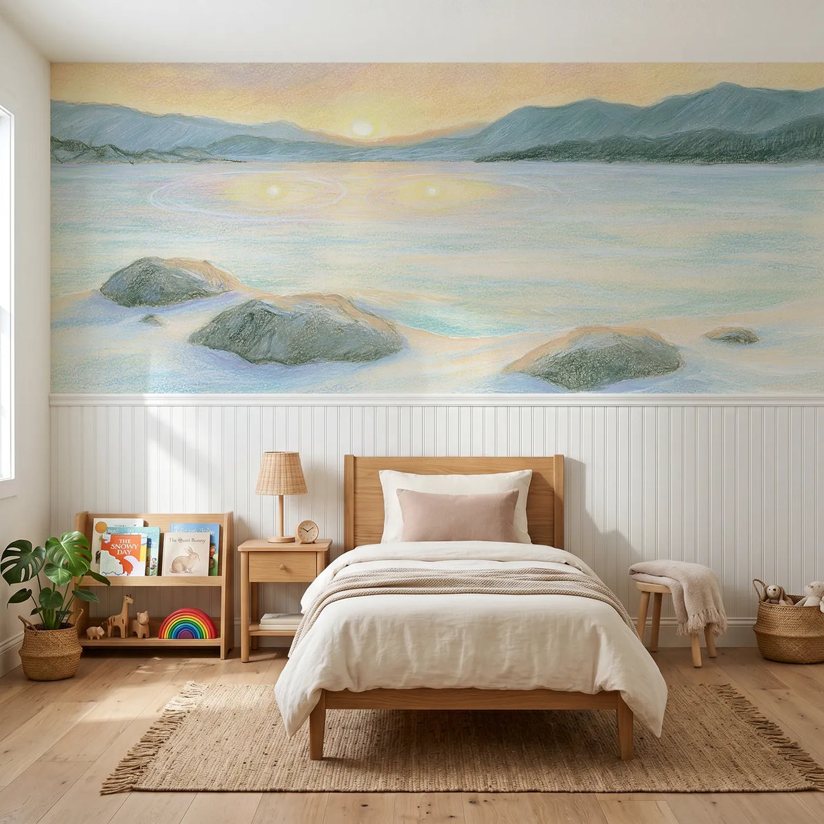 Colored pencil wainscoting wallpaper of two little extra suns by Whimsy Tots