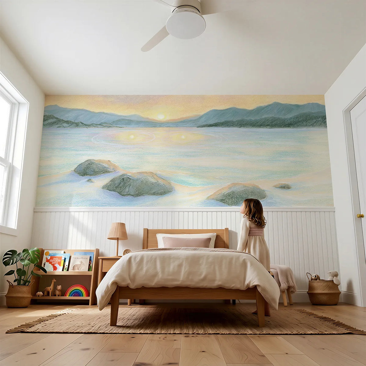 Child reading near Two Little Extra Suns Wainscoting Wallpaper by Whimsy Tots