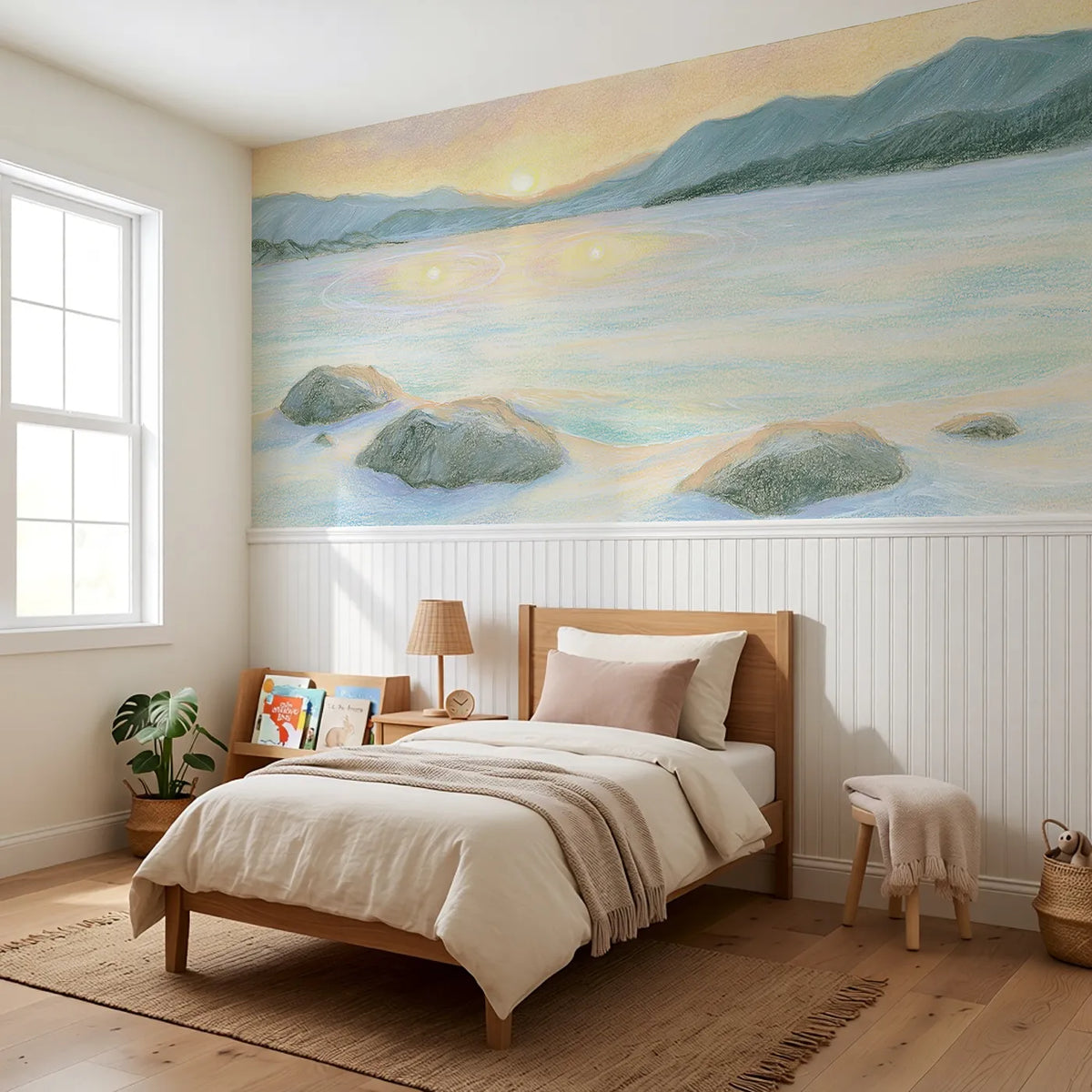 Two Little Extra Suns Wainscoting Wallpaper styled in a kids room by Whimsy Tots