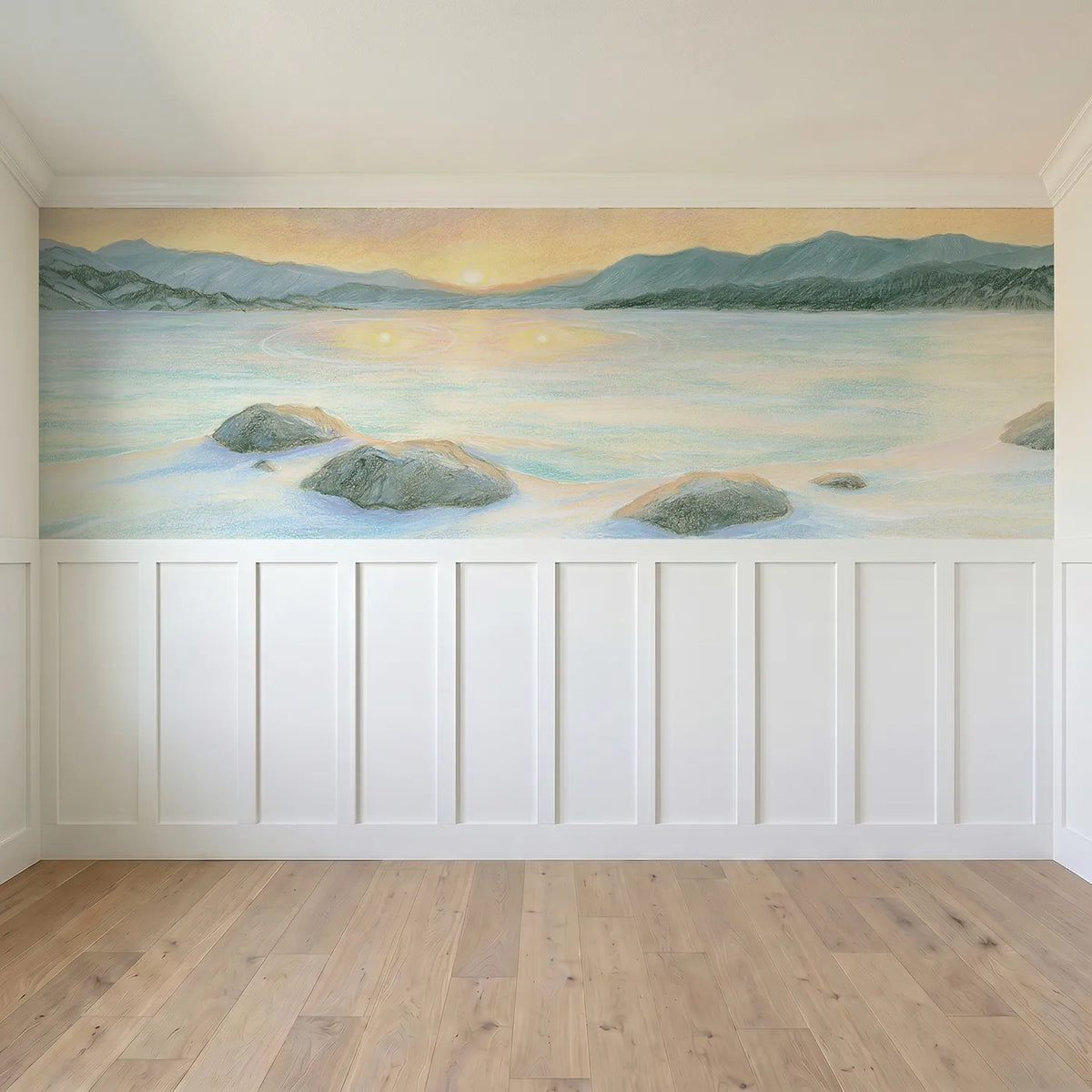 Full panel view of Two Little Extra Suns Wainscoting Wallpaper by Whimsy Tots