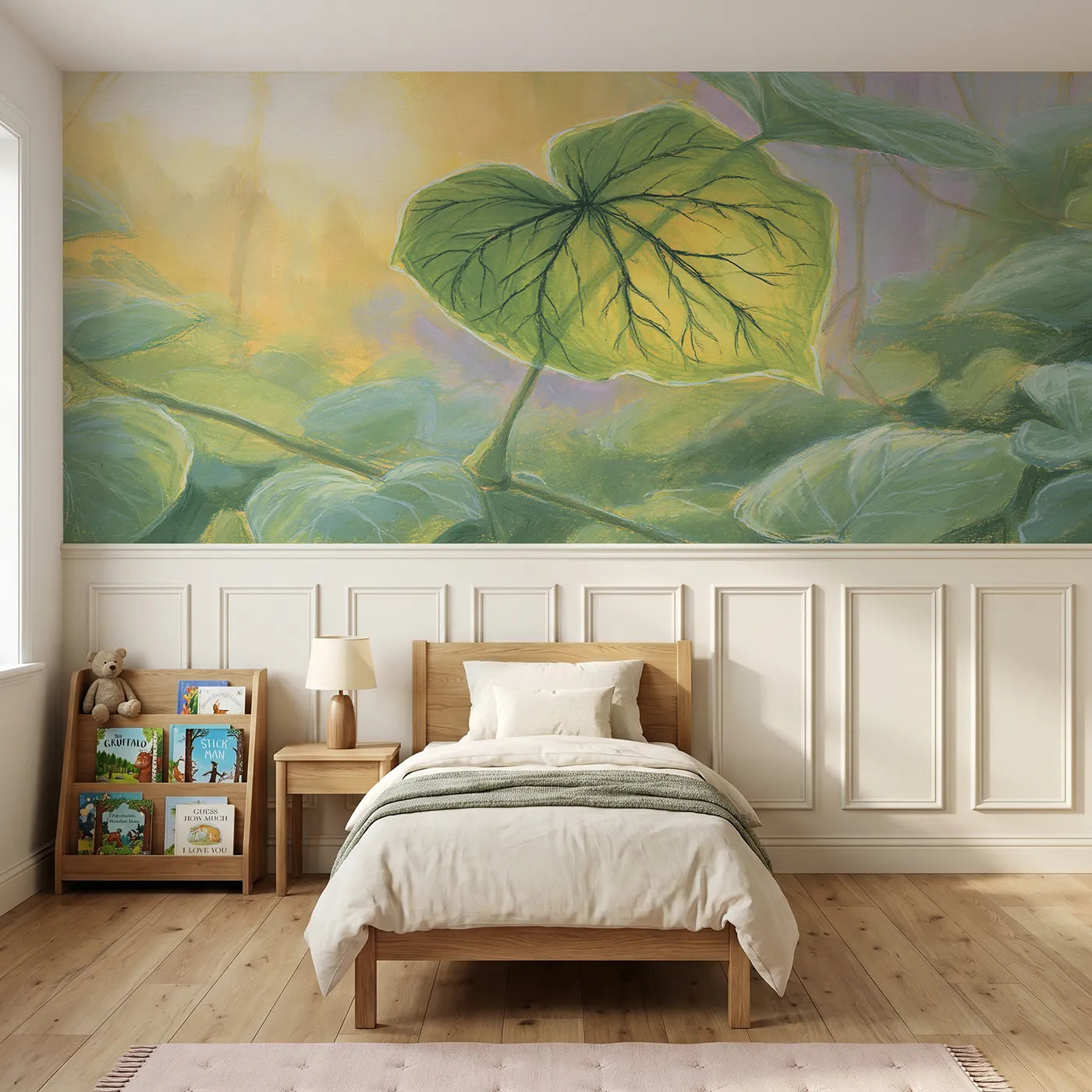 Colored pencil wainscoting wallpaper of a leaf lit like a lantern by Whimsy Tots