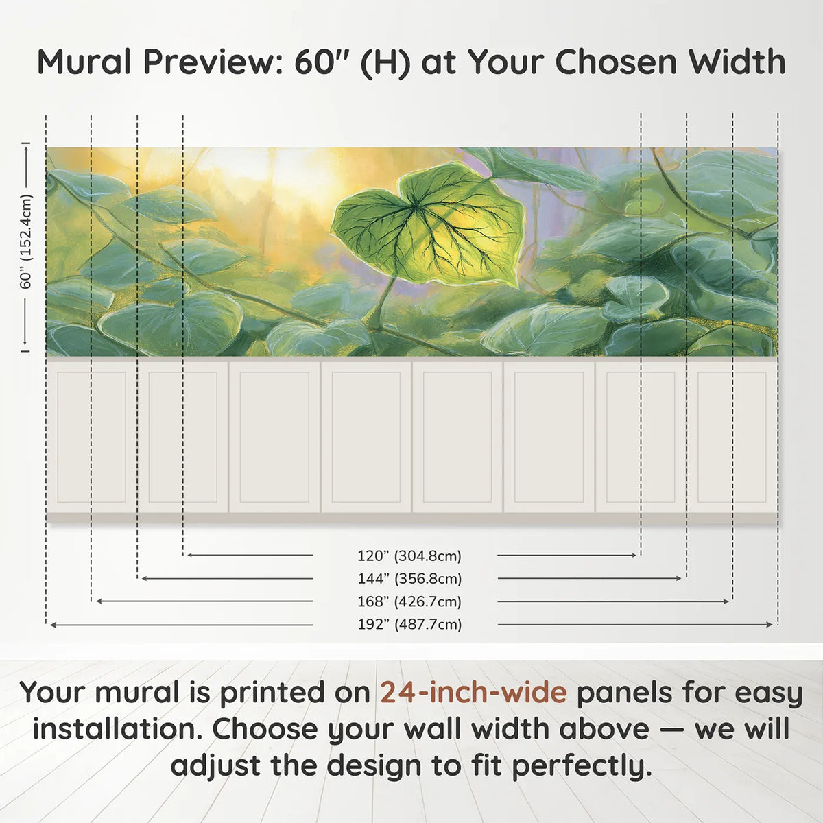 Panel dimensions for The Leaf Lit Like Lantern Wainscoting Wallpaper by Whimsy Tots