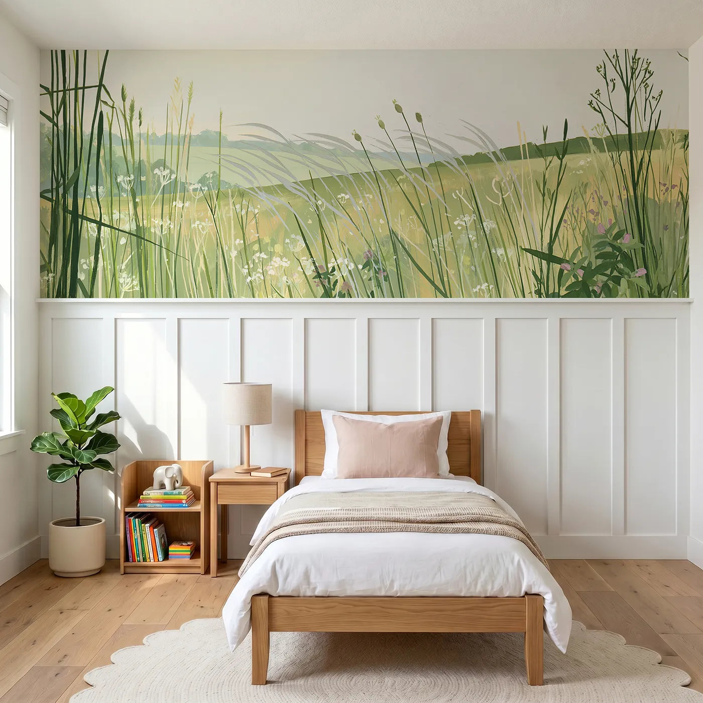 Modern illustration wainscoting wallpaper of wind waves in grass by Whimsy Tots
