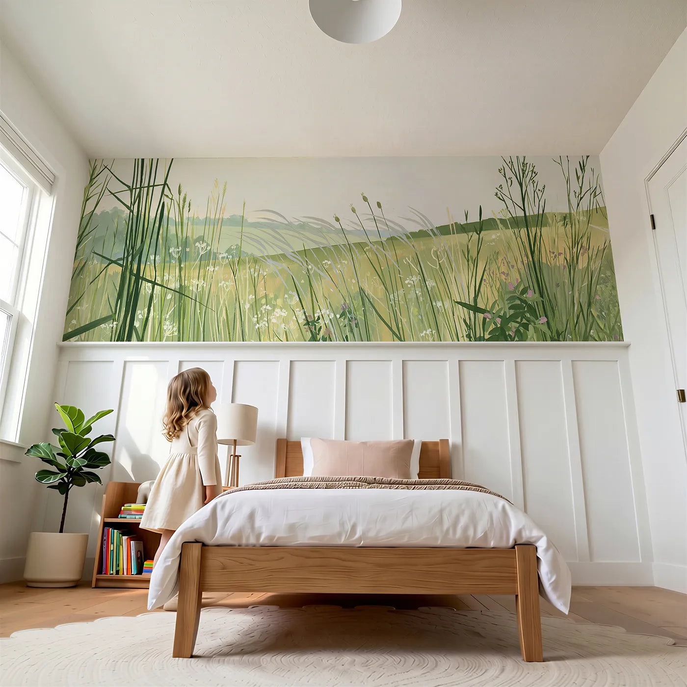 Child reading near Wind Waves In Grass Wainscoting Wallpaper by Whimsy Tots