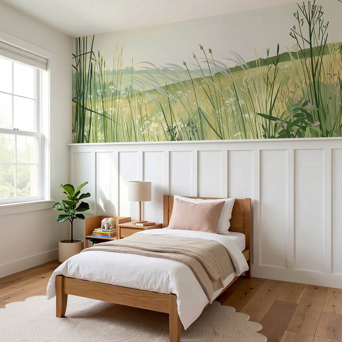 Wind Waves In Grass Wainscoting Wallpaper styled in a kids room by Whimsy Tots