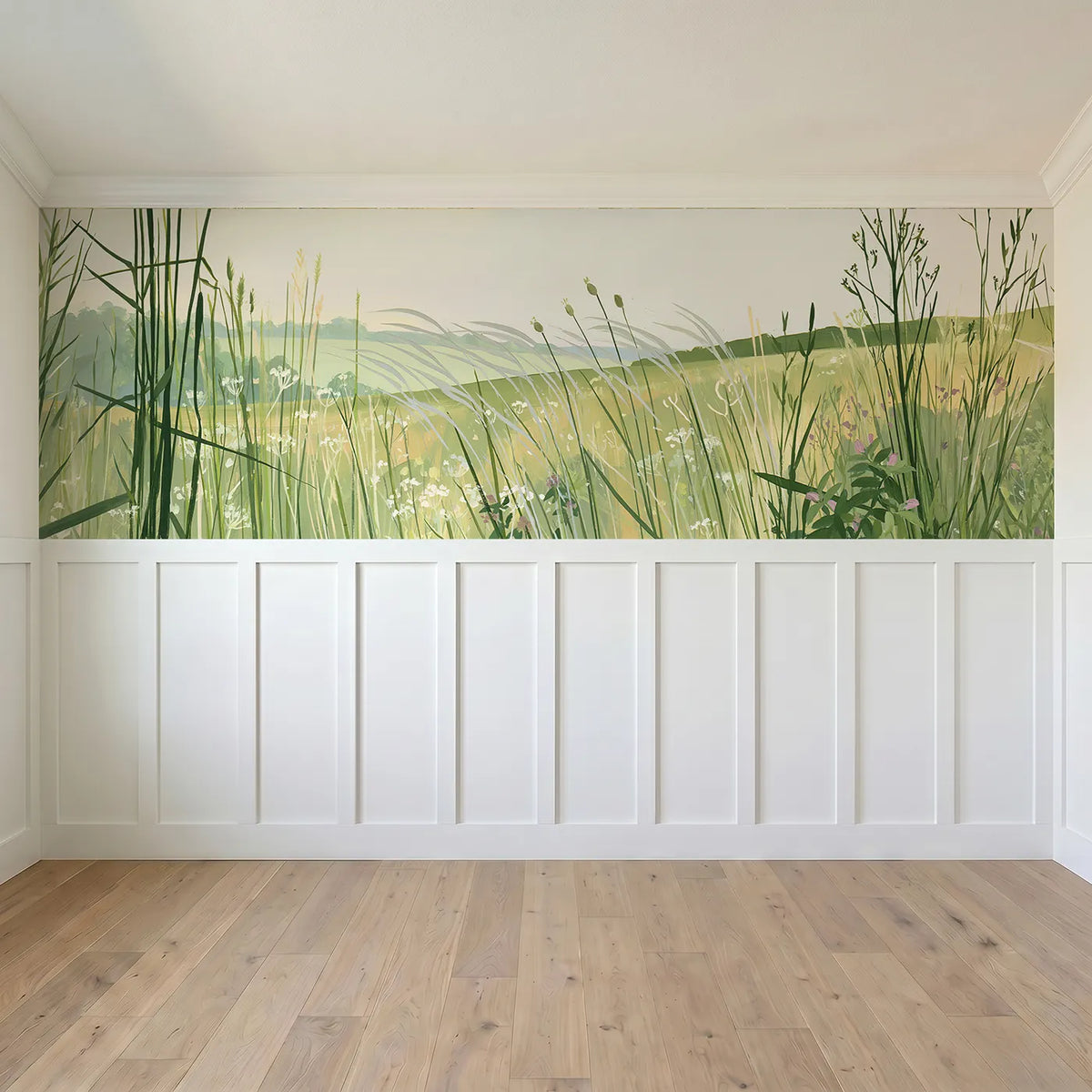 Full panel view of Wind Waves In Grass Wainscoting Wallpaper by Whimsy Tots