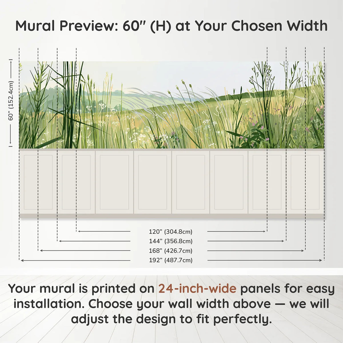Panel dimensions for Wind Waves In Grass Wainscoting Wallpaper by Whimsy Tots
