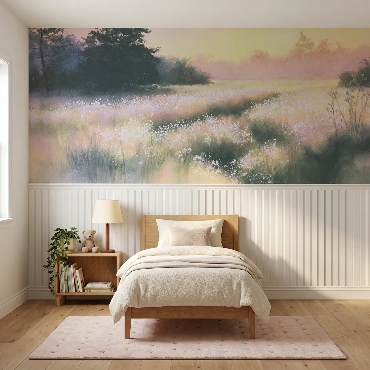 Soft pastel wainscoting wallpaper of diamond dew at first light by Whimsy Tots