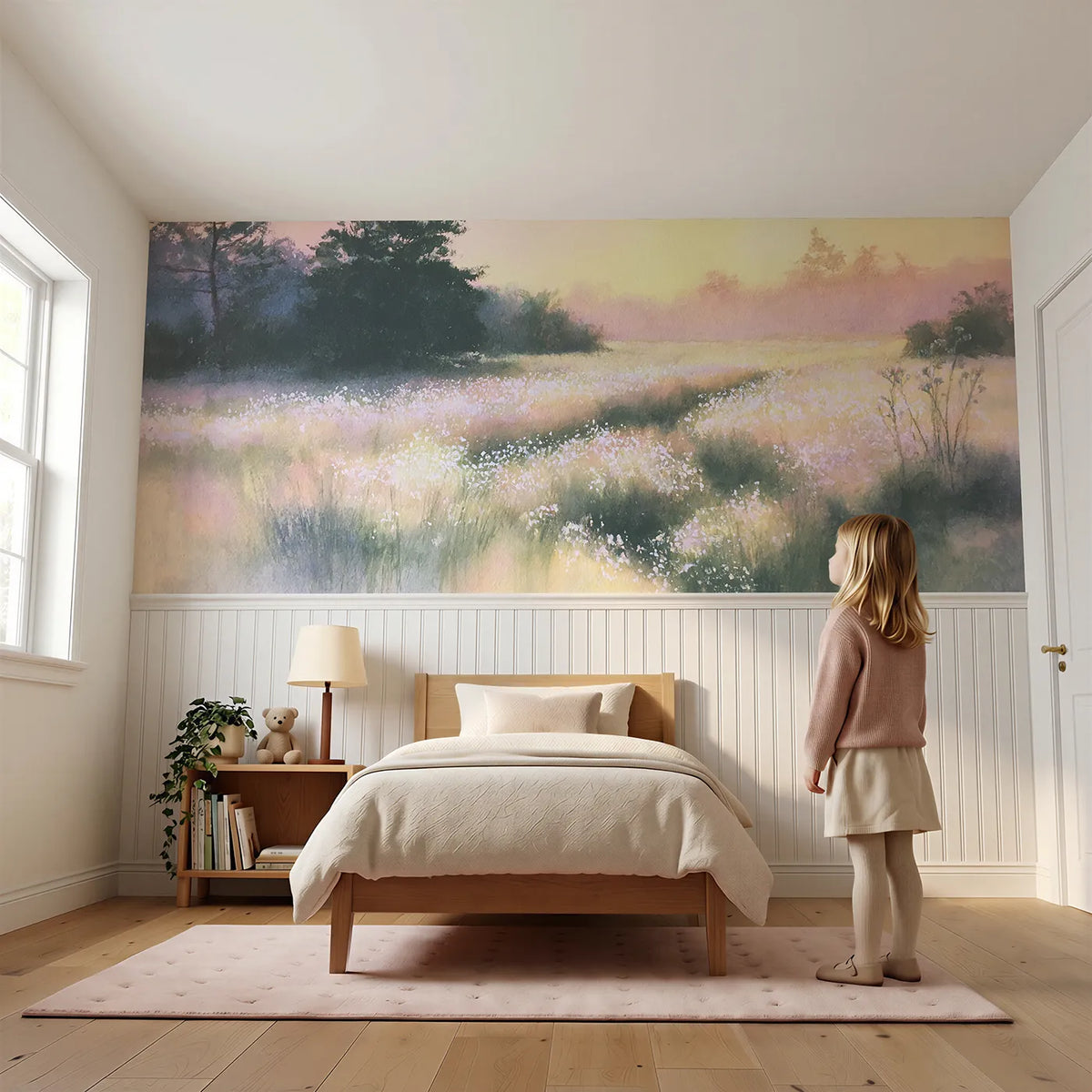 Child reading near Diamond Dew At First Light Wainscoting Wallpaper by Whimsy Tots