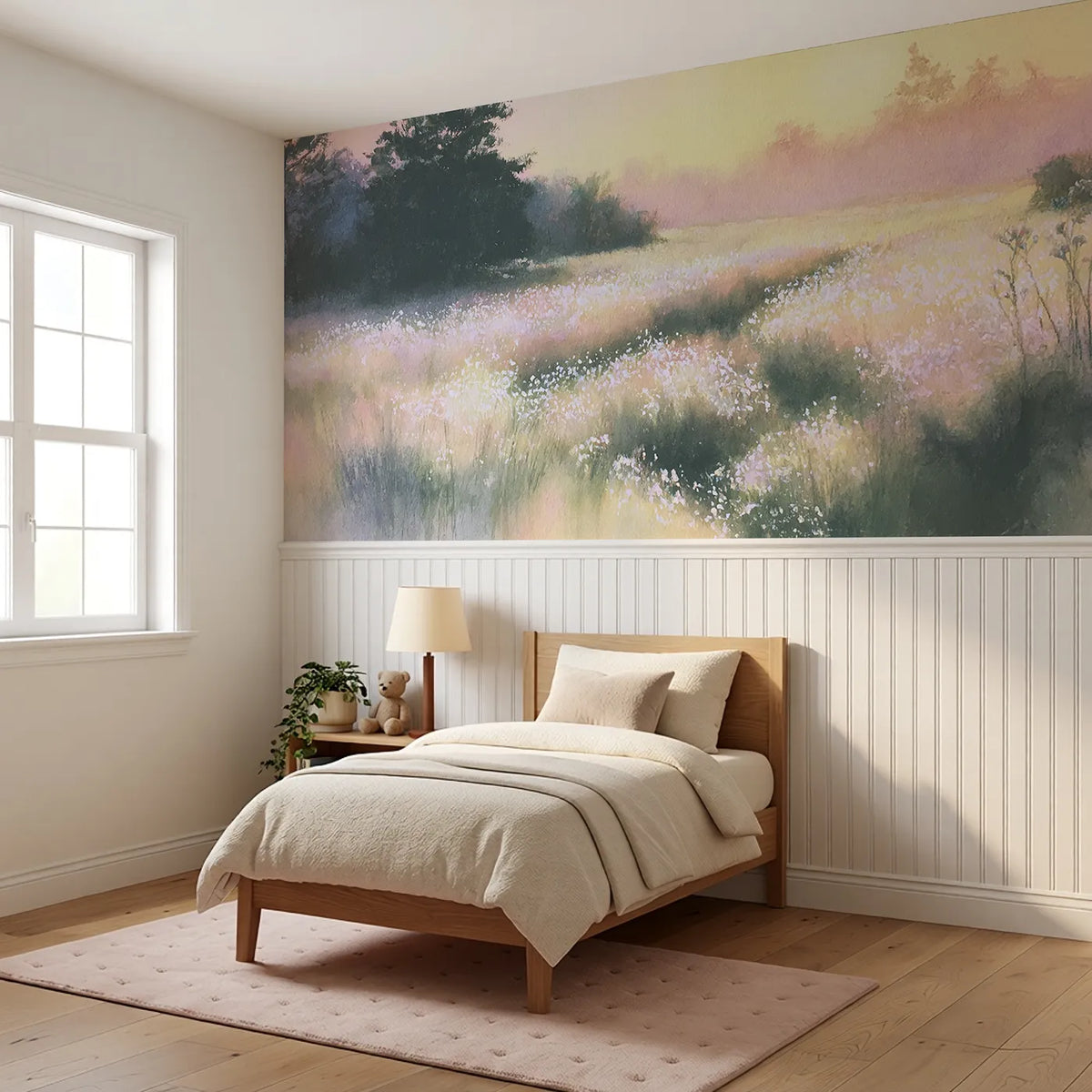 Diamond Dew At First Light Wainscoting Wallpaper styled in a kids room by Whimsy Tots