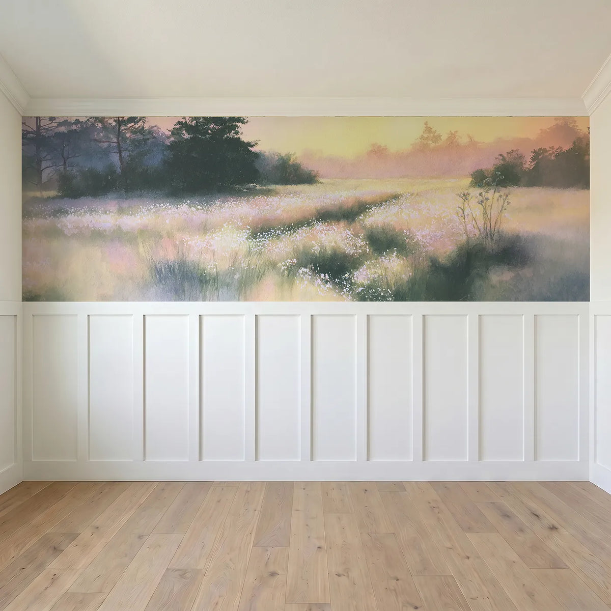 Full panel view of Diamond Dew At First Light Wainscoting Wallpaper by Whimsy Tots