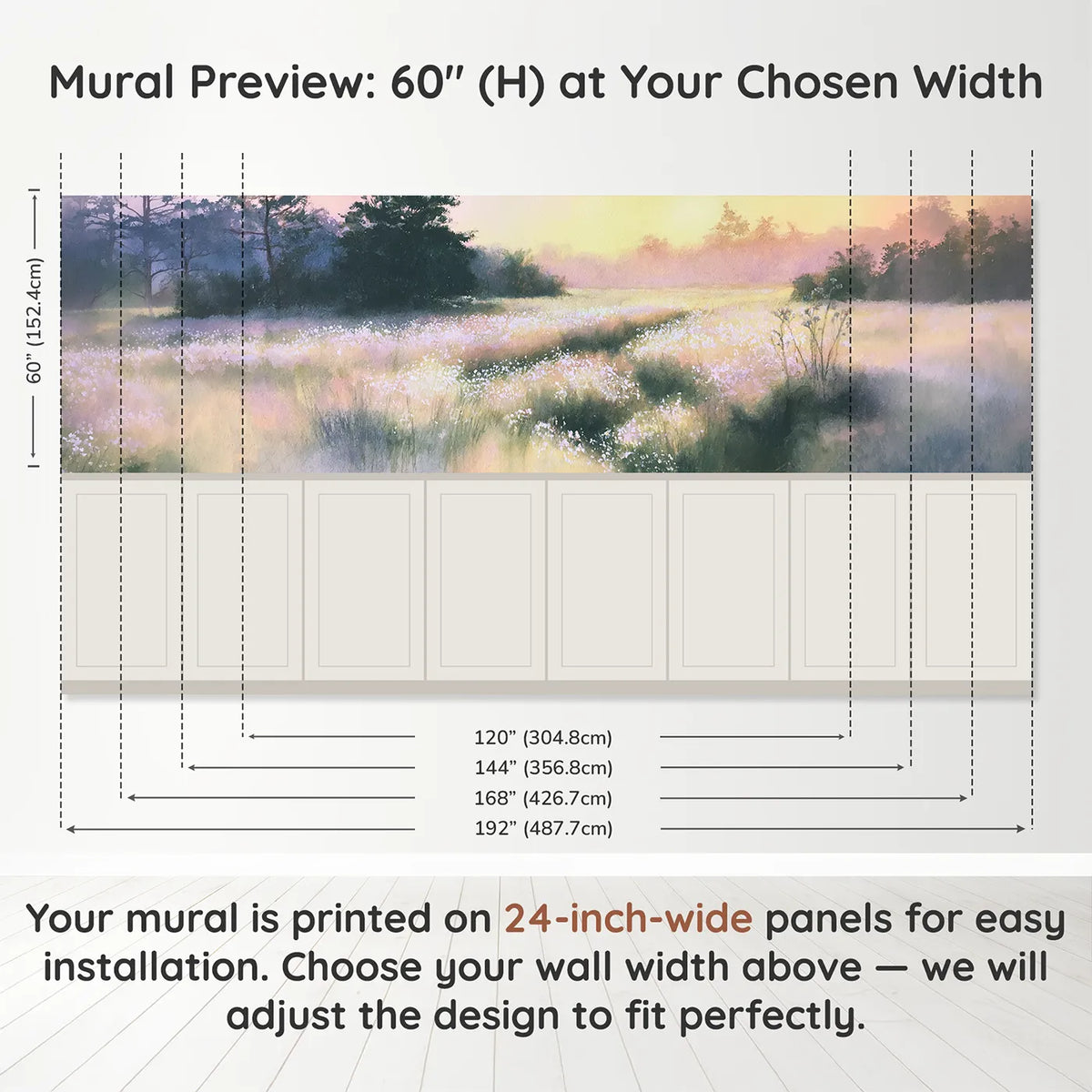 Panel dimensions for Diamond Dew At First Light Wainscoting Wallpaper by Whimsy Tots