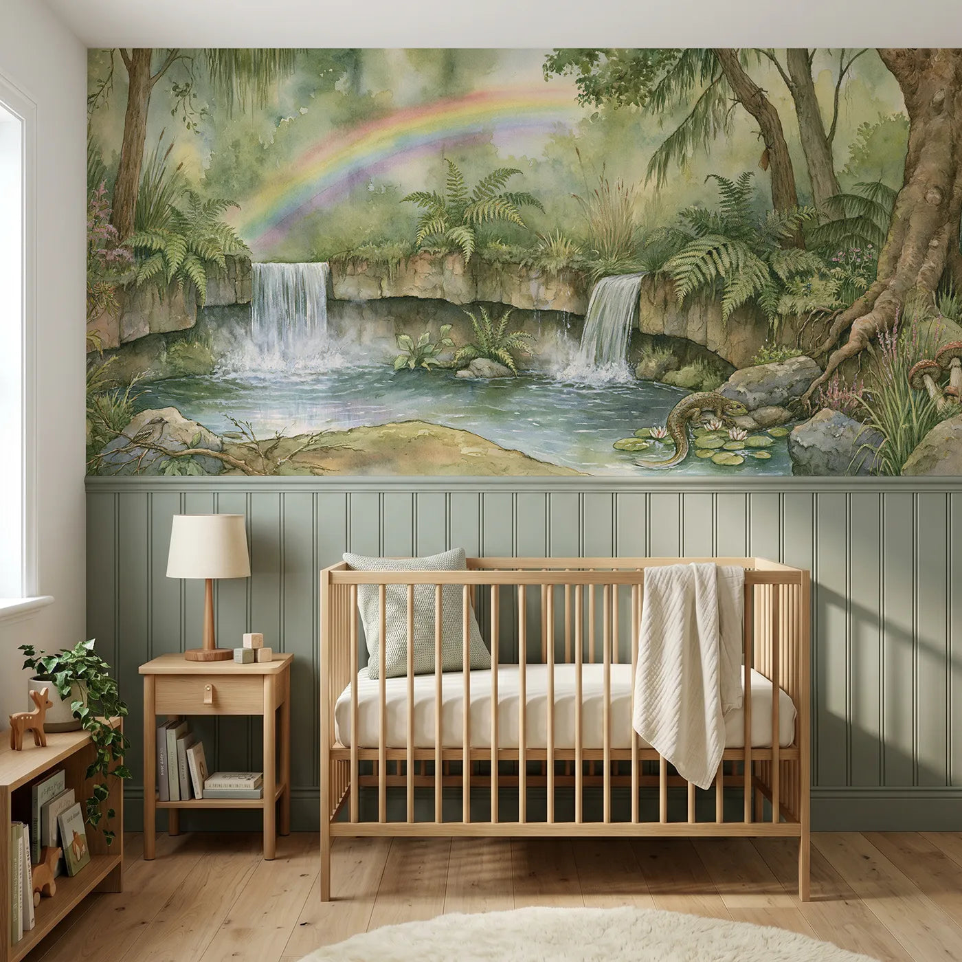 Storybook wainscoting wallpaper of a rainbow living at the falls by Whimsy Tots